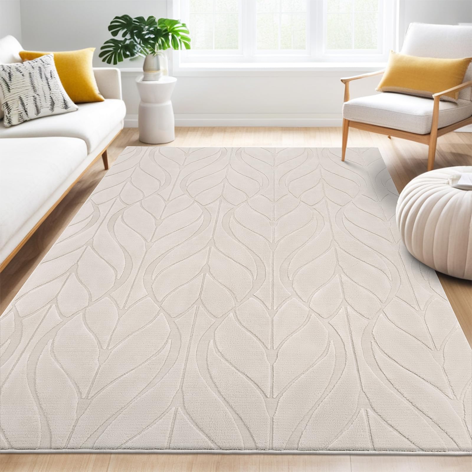 SHACOS Soft Area Rug for Living Room 8x10, Washable Non Slip Bedroom Rug Beige, Fluffy Large Rugs Carpet for Floor Living Room Kids Nursery Room, Home Decor Aesthetic - Leaf Pattern Design