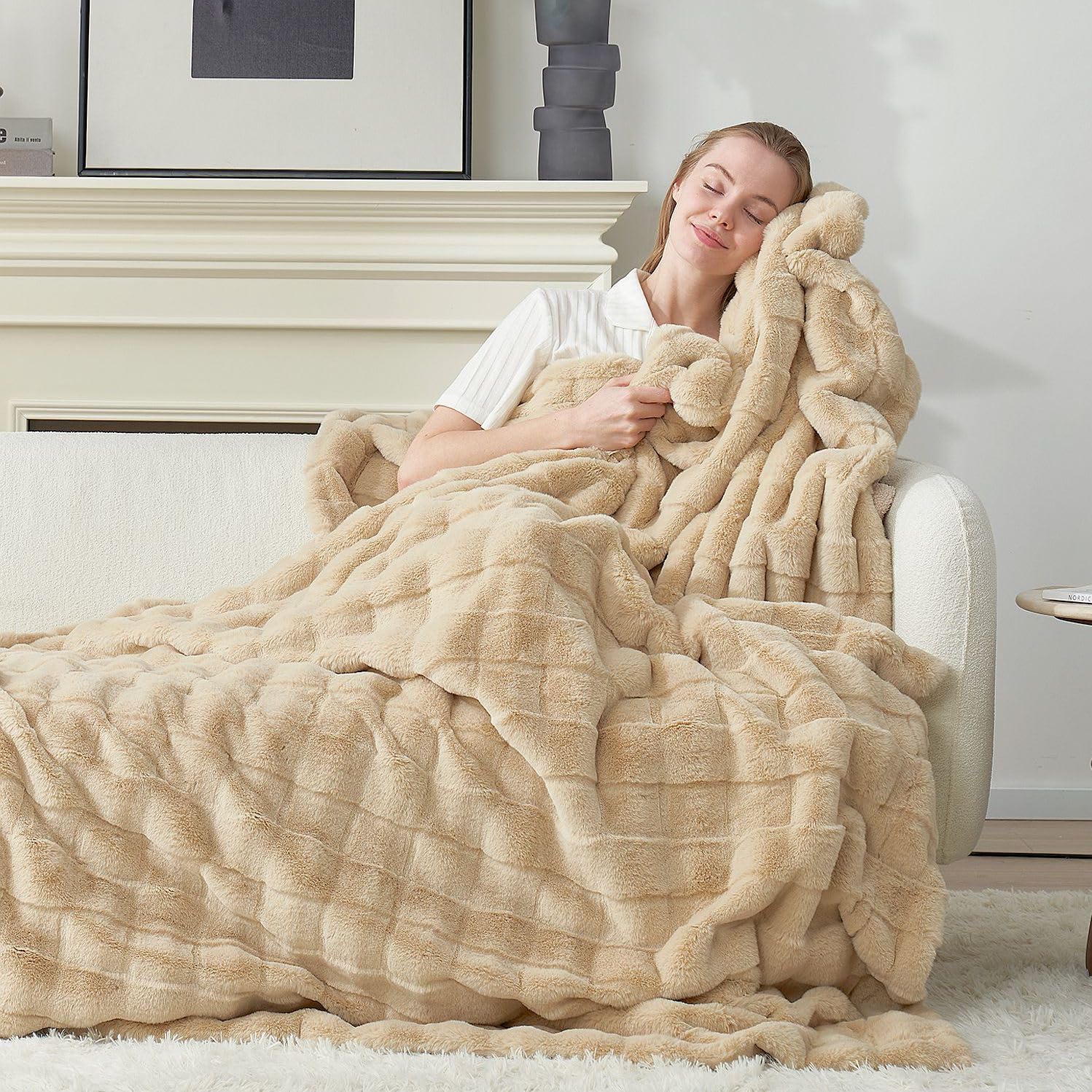 Cozy Bliss Fluffy Faux Fur Throw Blanket for Couch,Warm Cozy Soft Beige Throw Blankets for Sofa Bed Living Room,50x60 Inches