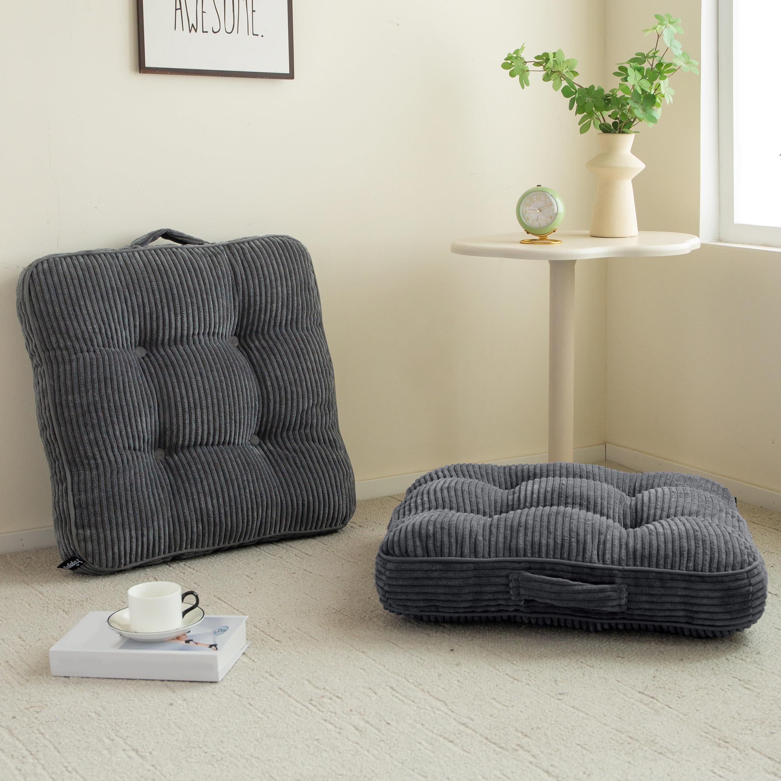 HIGOGOGO Floor Pillow Cushion for Adults, Meditation Cushion Pillow, Large Round Floor Sitting, Tufted Corduroy Cover, for Tatami Living Room or Yoga, 22x22 Inch, Beige