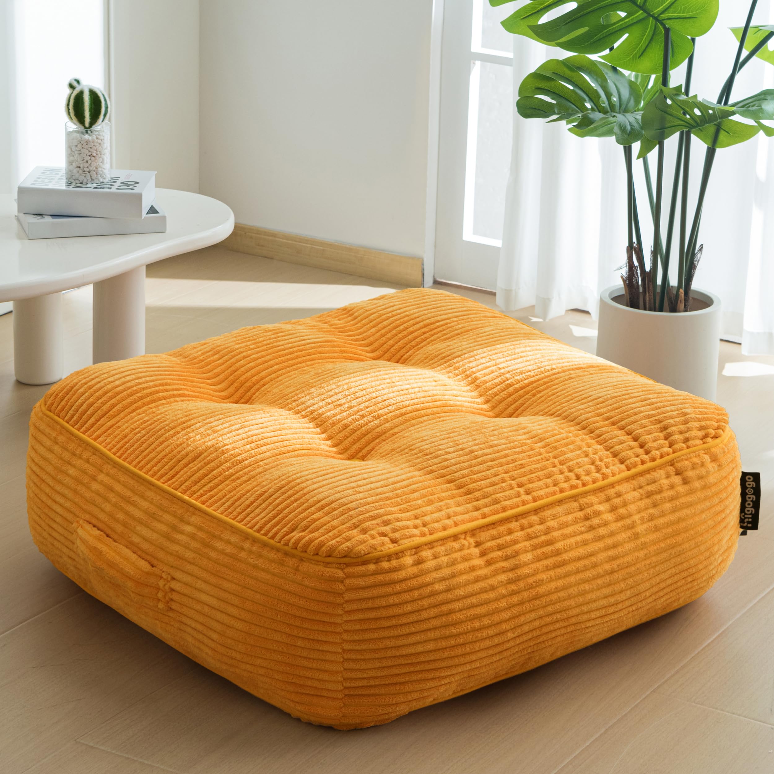 HIGOGOGO Floor Pillow Cushion for Adults, Meditation Cushion Pillow, Large Round Floor Sitting, Tufted Corduroy Cover, for Tatami Living Room or Yoga, 22x22 Inch, Beige