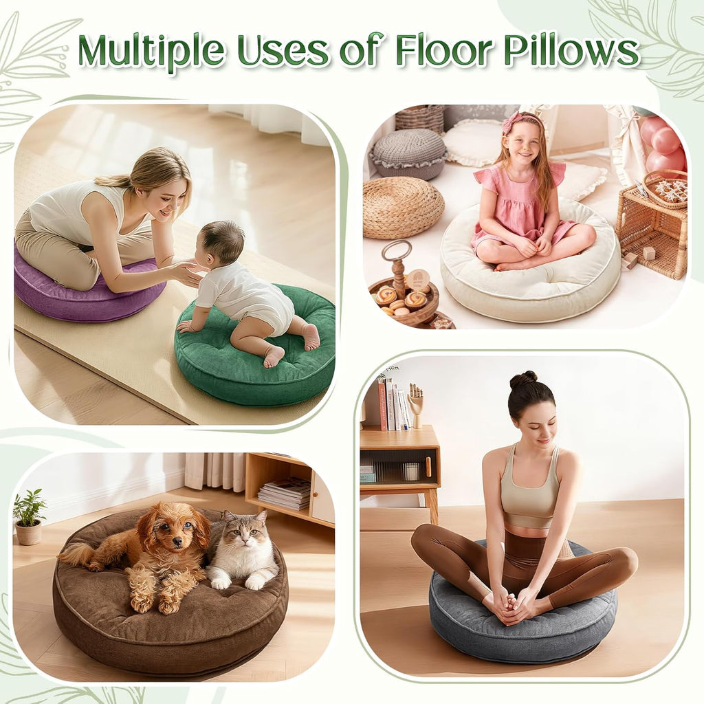 1 MIDDLE ONE Floor Pillow Set of 2, Memory Foam Meditation Cushion, Floor Cushions for Adults Sitting, Large Round Seat Cushions for Yoga, Living Room, 20x20 Inch (Round | Grey)