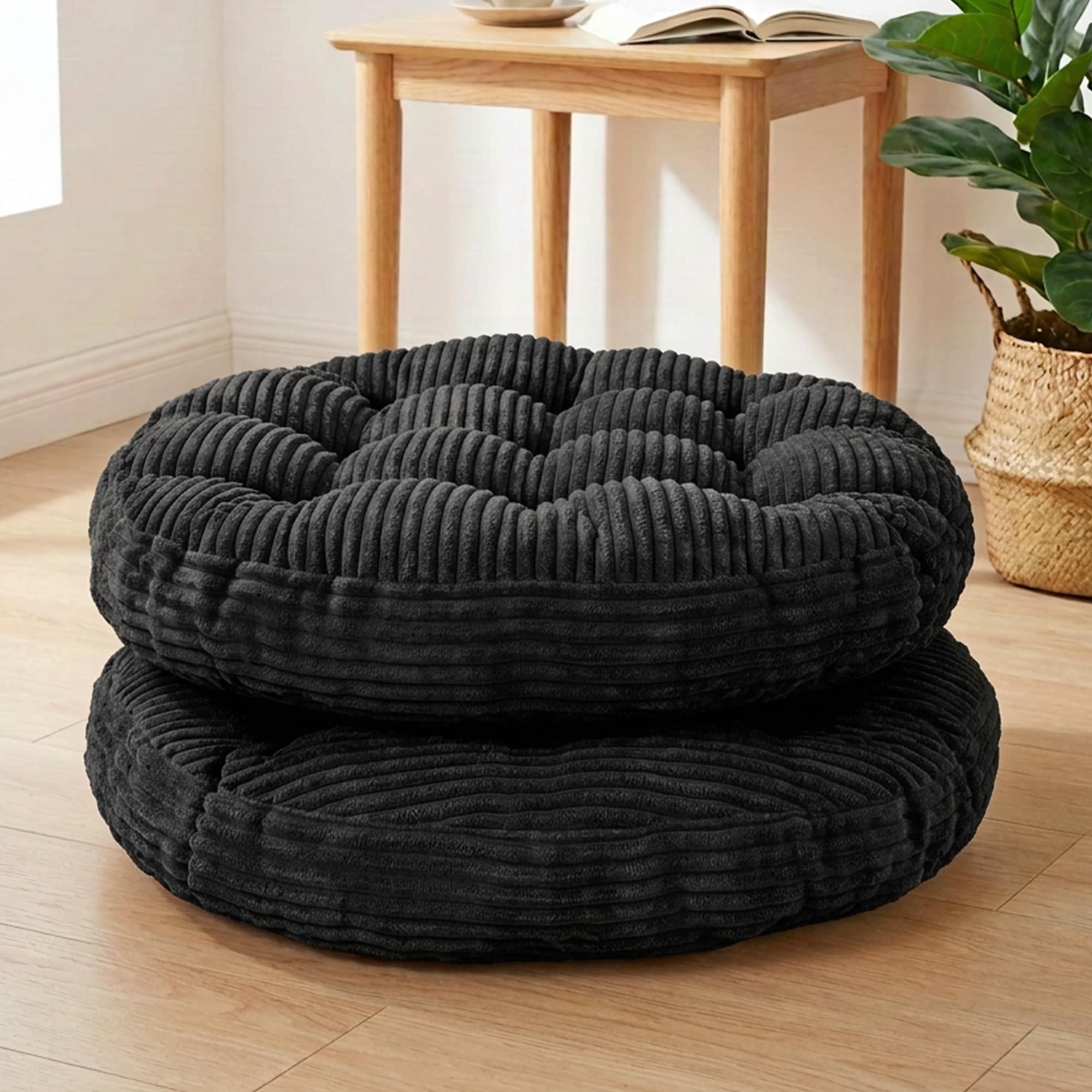 Large Floor Pillow for Adults, 22x22" Memory Foam Floor Cushion with Corduroy Cover, Round Floor Sitting Cushions for Meditation, Lounge,Seating for Yoga, Tatami Living Room (2, Round-Black)