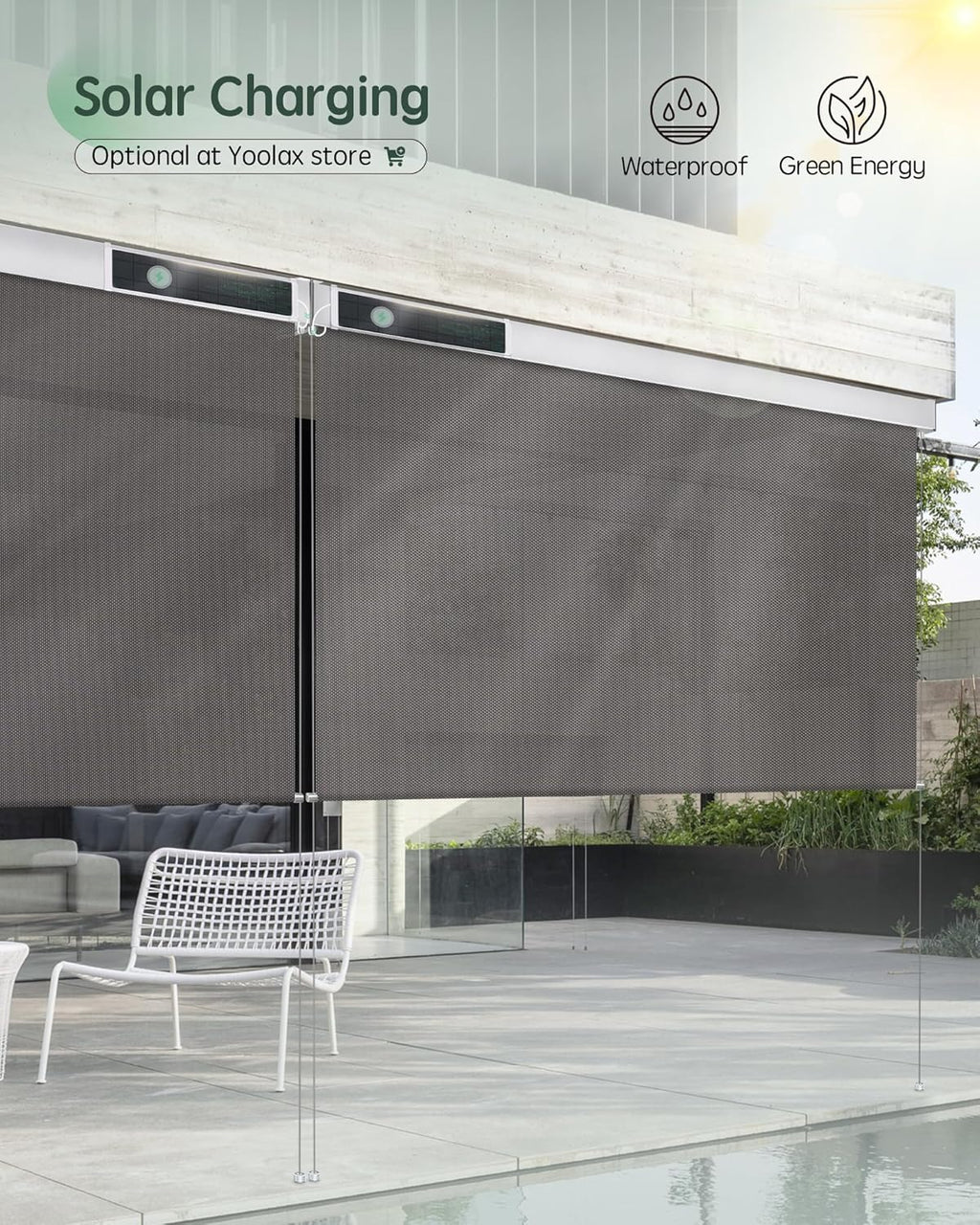 Yoolax Motorized Outdoor Shades Smart Retractable Patio Screens with App & Remote Control, Electric Blinds for Porch Patio Waterproof Roller Shades 7X8ft (5% Openness Alpine Rock)