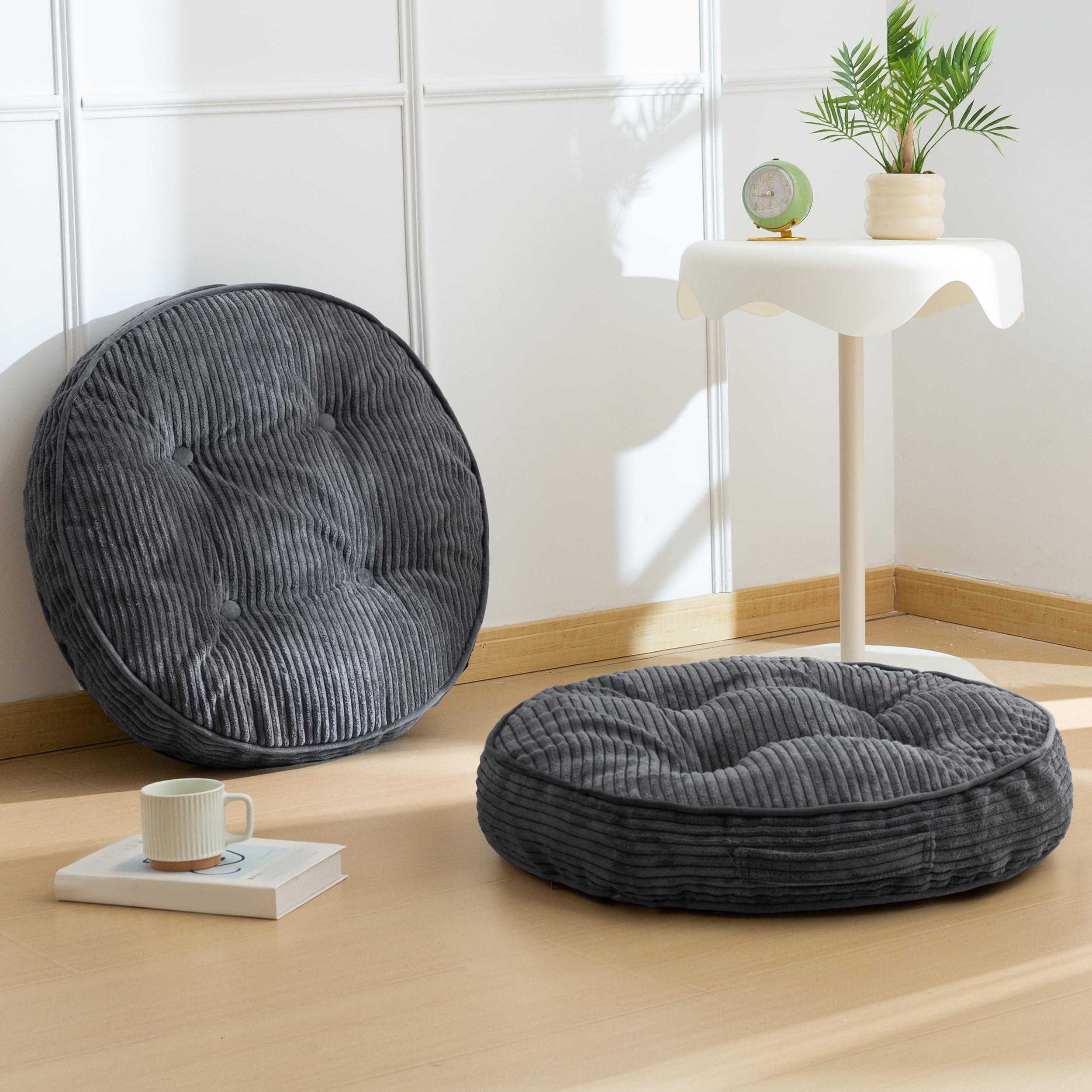 HIGOGOGO Floor Pillow Cushion for Adults, Meditation Cushion Pillow, Large Round Floor Sitting, Tufted Corduroy Cover, for Tatami Living Room or Yoga, 22x22 Inch, Beige