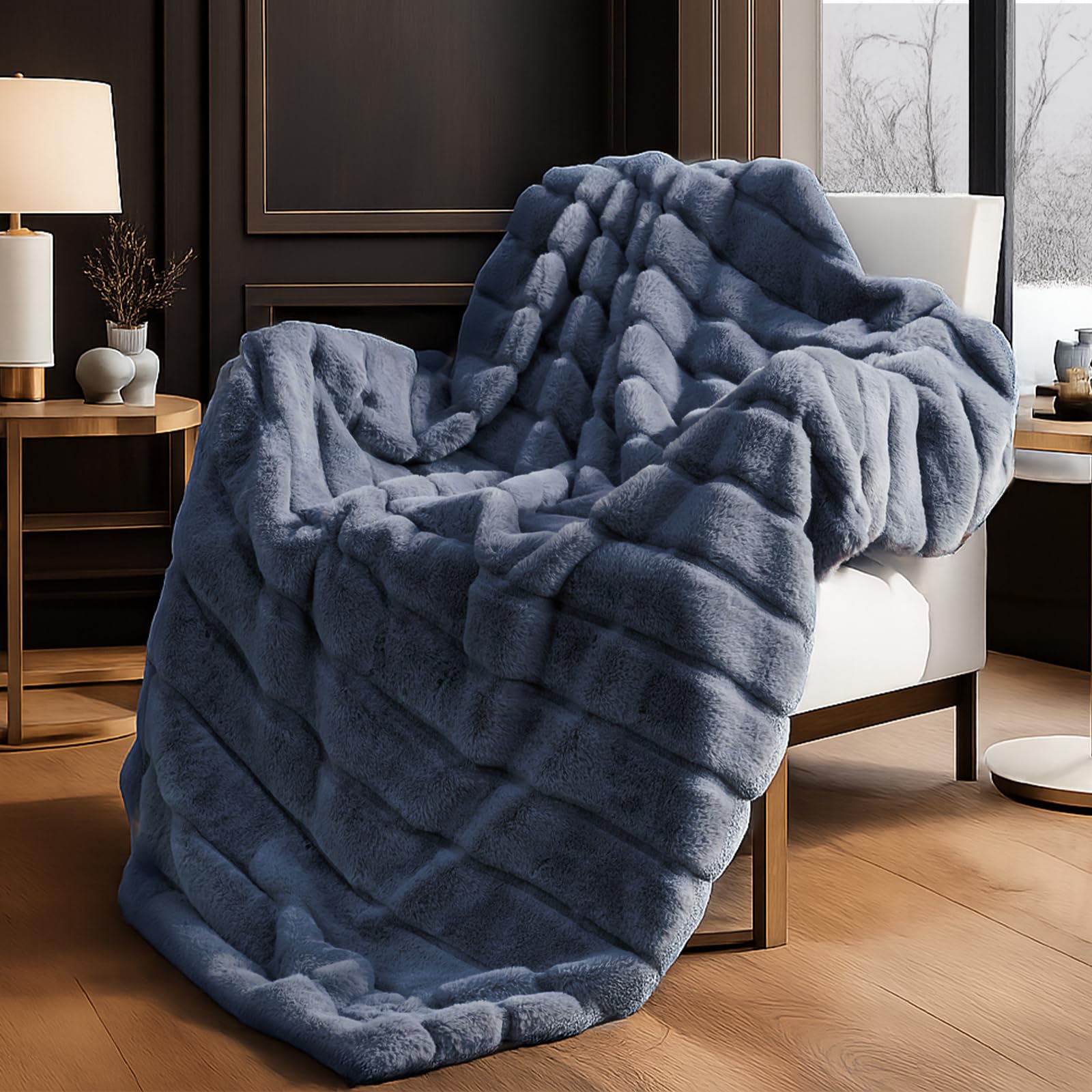 Cozy Bliss Deluxe Sheared Rabbit Faux Fur Throw Blanket, Soft Fuzzy High-Low Sculpted Plush Blanket for Couch, Cozy Home Accent, All Season Use, Beige 50"x60"