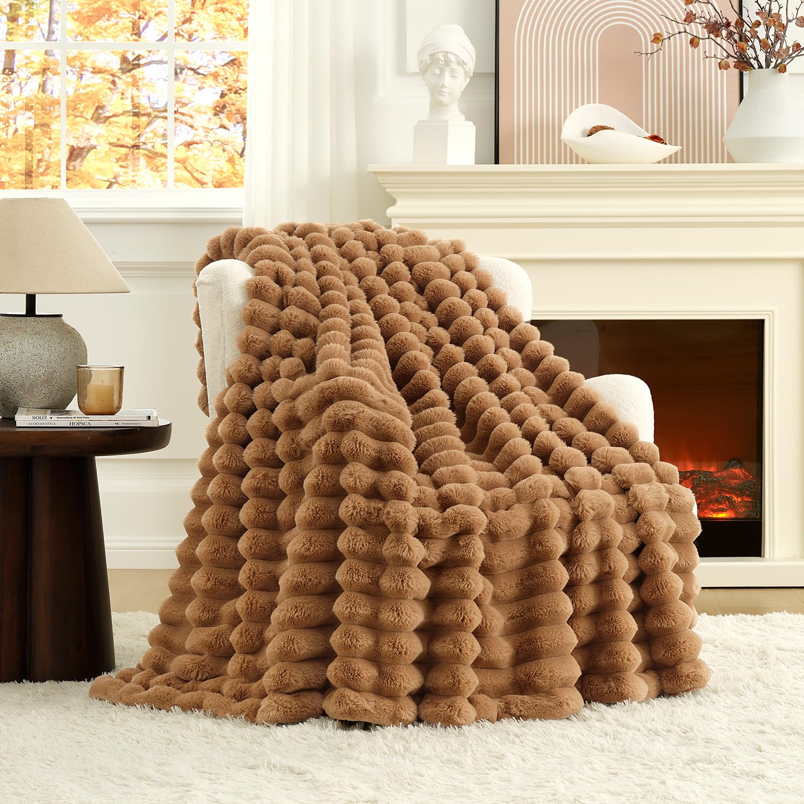 Cozy Bliss Faux Fur Throw Blanket for Couch, Cozy Warm Plush Striped Blanket for Sofa Bedroom Living Room, 60 * 80 Inches Cream White