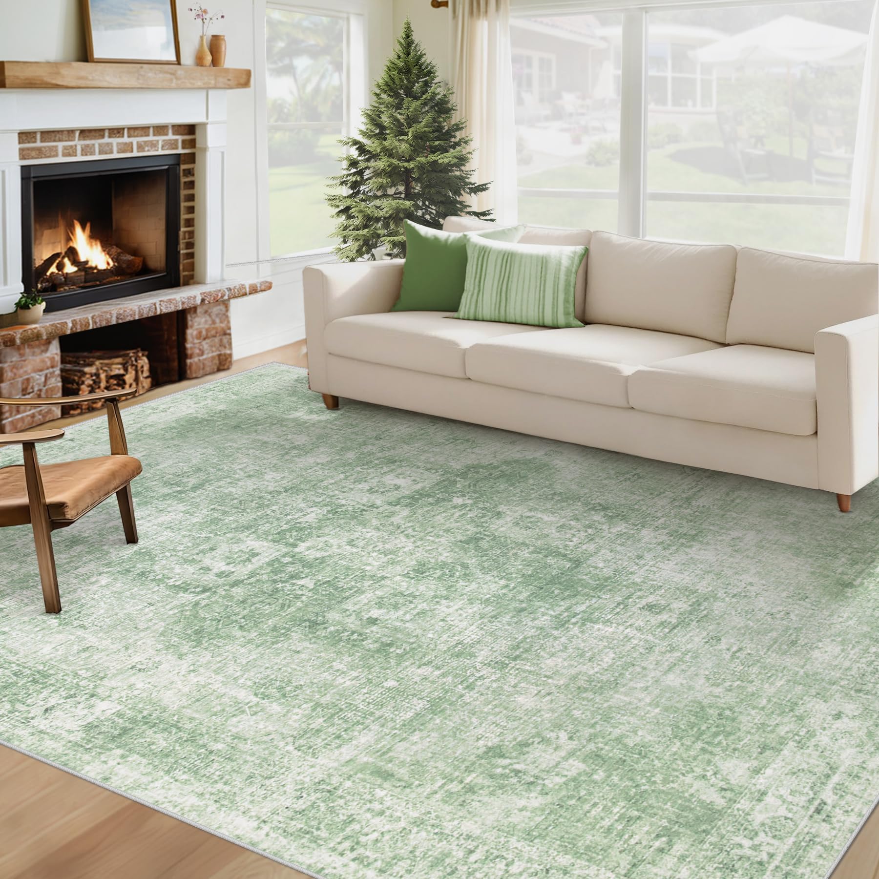 Beige 8x10ft Washable Boho Rug, Non-Slip Low Pile Carpet for Home & Office