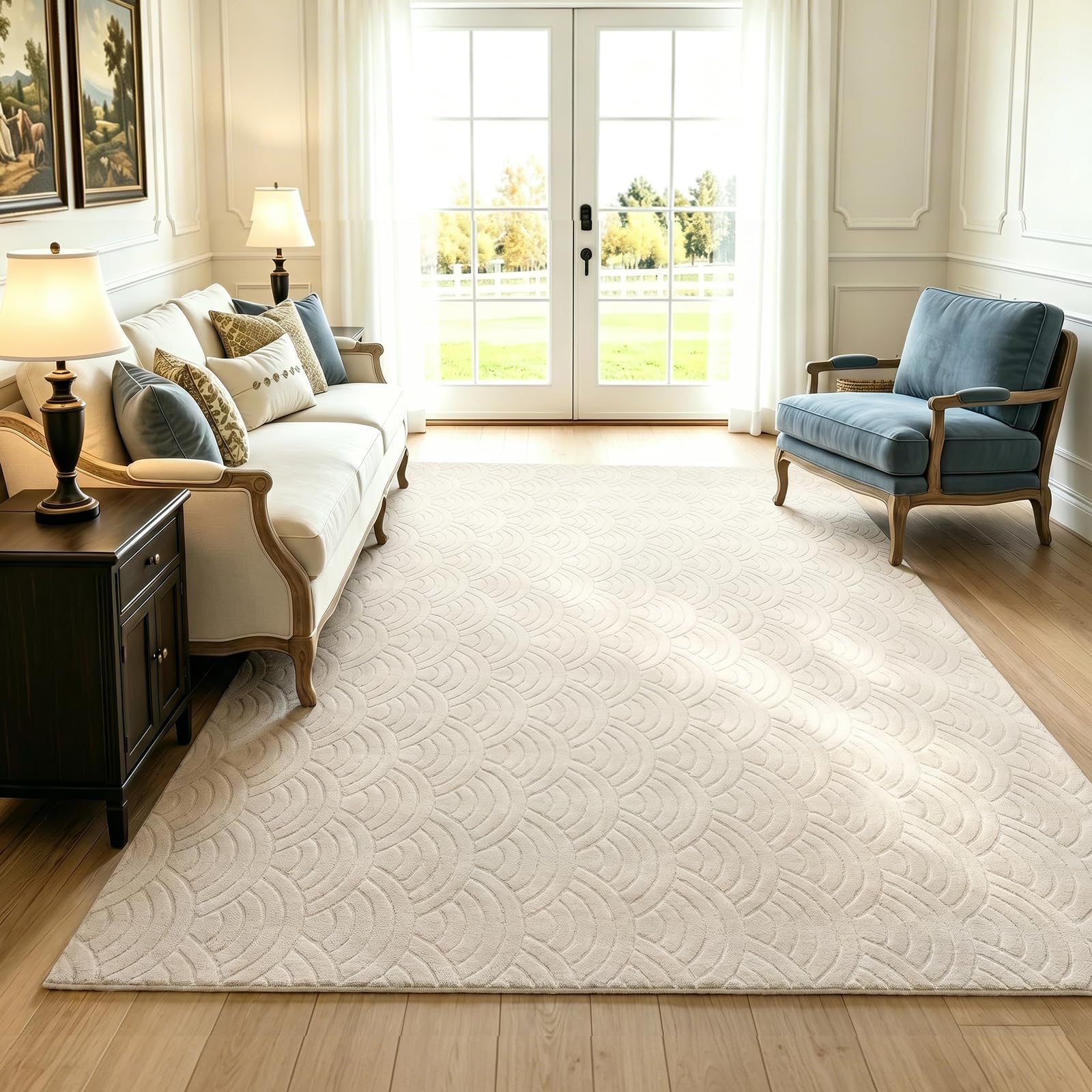 SHACOS Soft Cozy Fluffy Arch Waves Pattern High-Low Textured Area Rug 5'x7' Non Slip Washable Minimalist Modern Graphic Rainbow Carpet for Living Room Bedroom Bathroom Dining Room, Cream