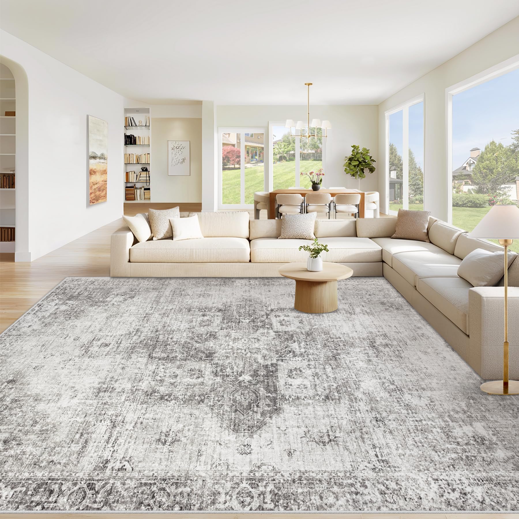 Beige 8x10ft Washable Boho Rug, Non-Slip Low Pile Carpet for Home & Office