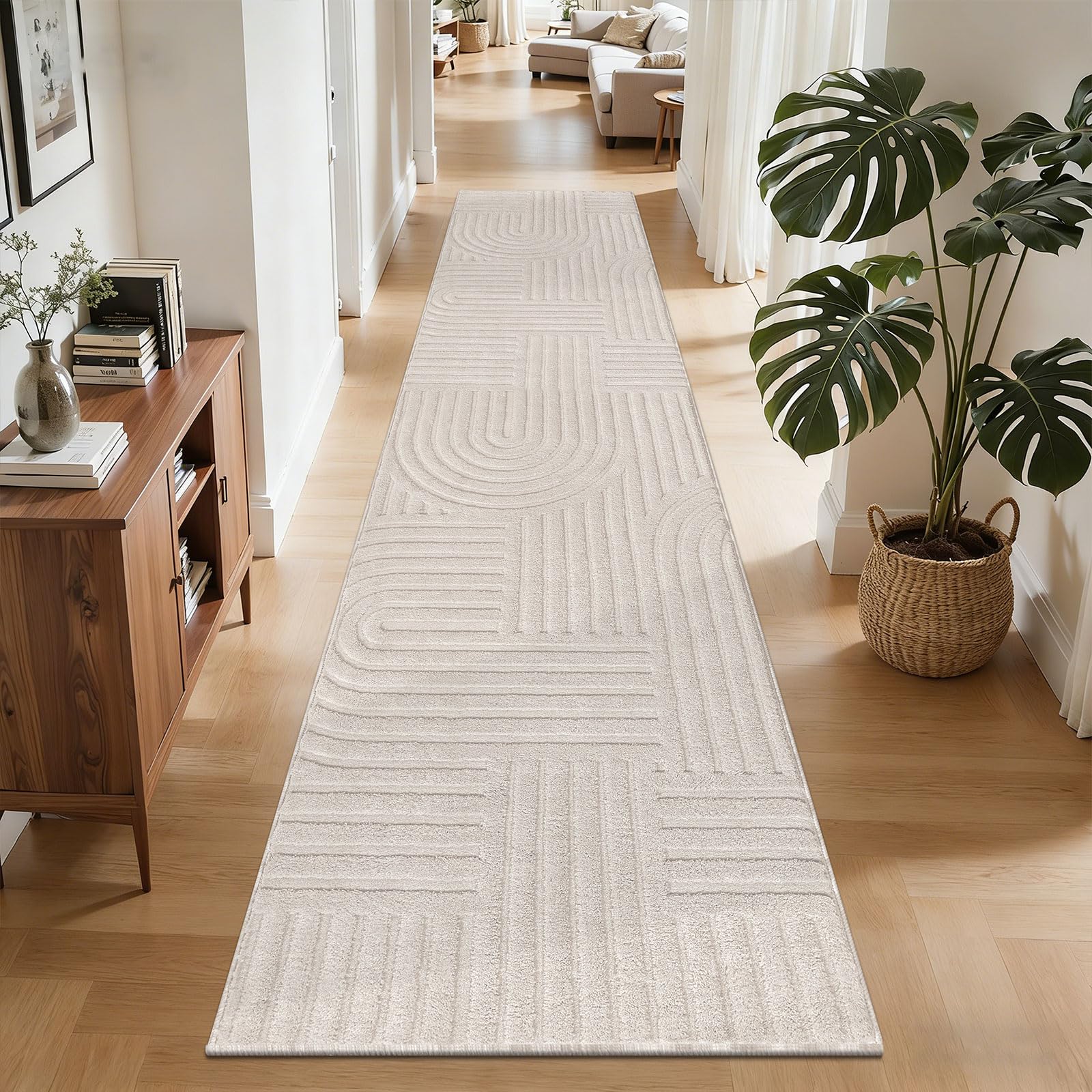 SHACOS Soft Cozy Fluffy Arch Pattern High-Low Pile Textured Area Rug 5'3"x7'3" Non Slip Washable Modern Geometric Rug Stain Resistant Contemporary Carpet for Living Room Bedroom Dining Room, Beige