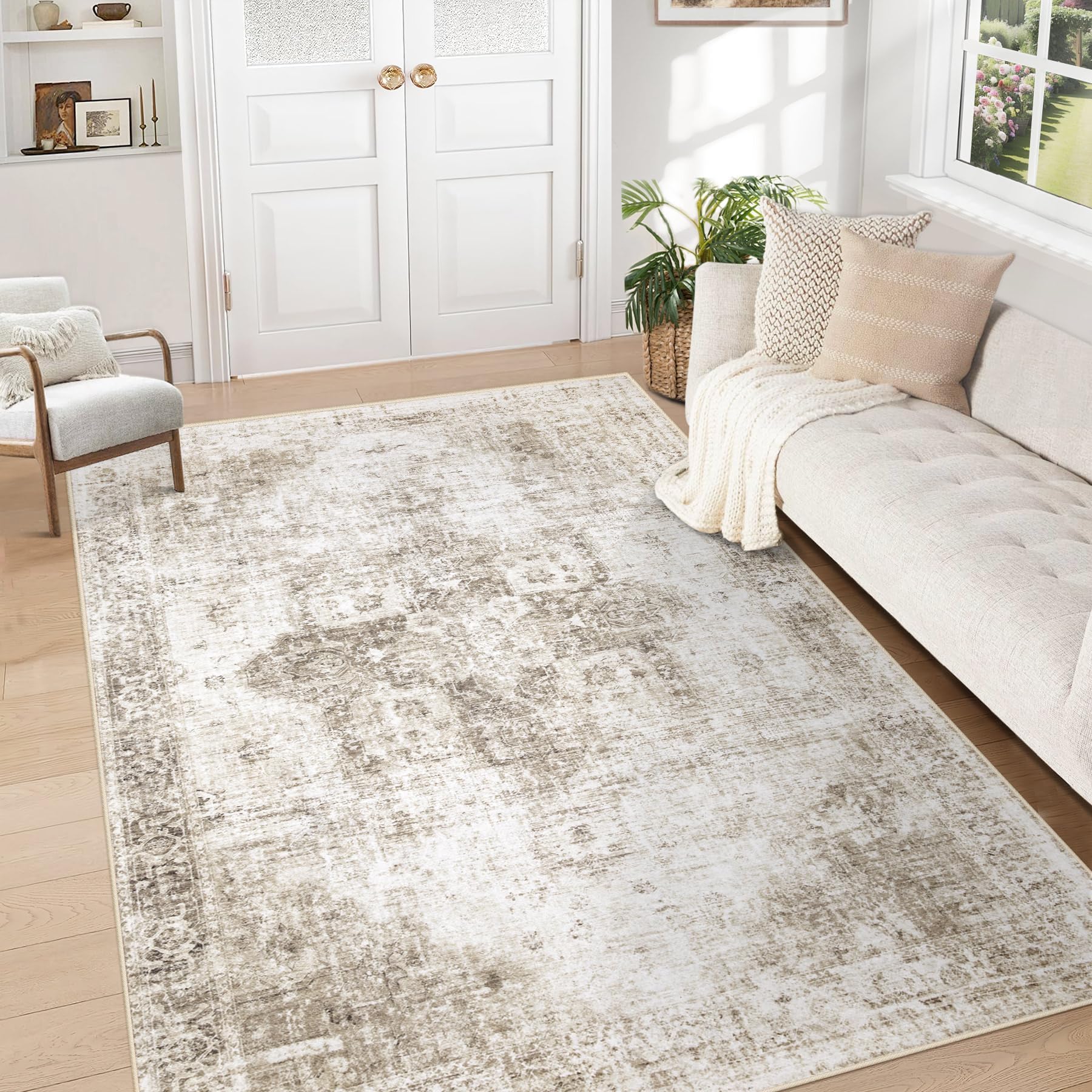 Beige 8x10ft Washable Boho Rug, Non-Slip Low Pile Carpet for Home & Office