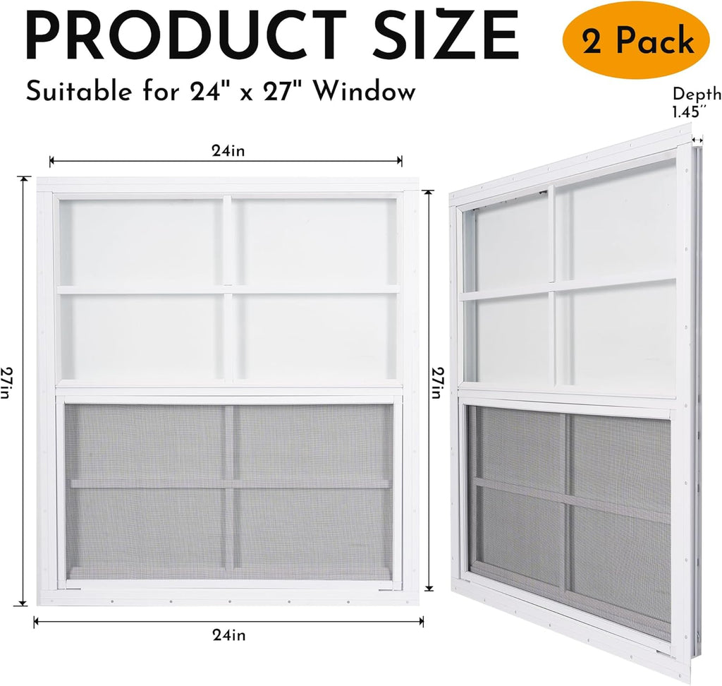 2 Pack Shed Windows, 24'' x 27'' Household Windows with Tempered Glass and Fiberglass Screen for Shed, Flush Mount Sliding Window for Chicken Coop, Playhouse, Garage, White