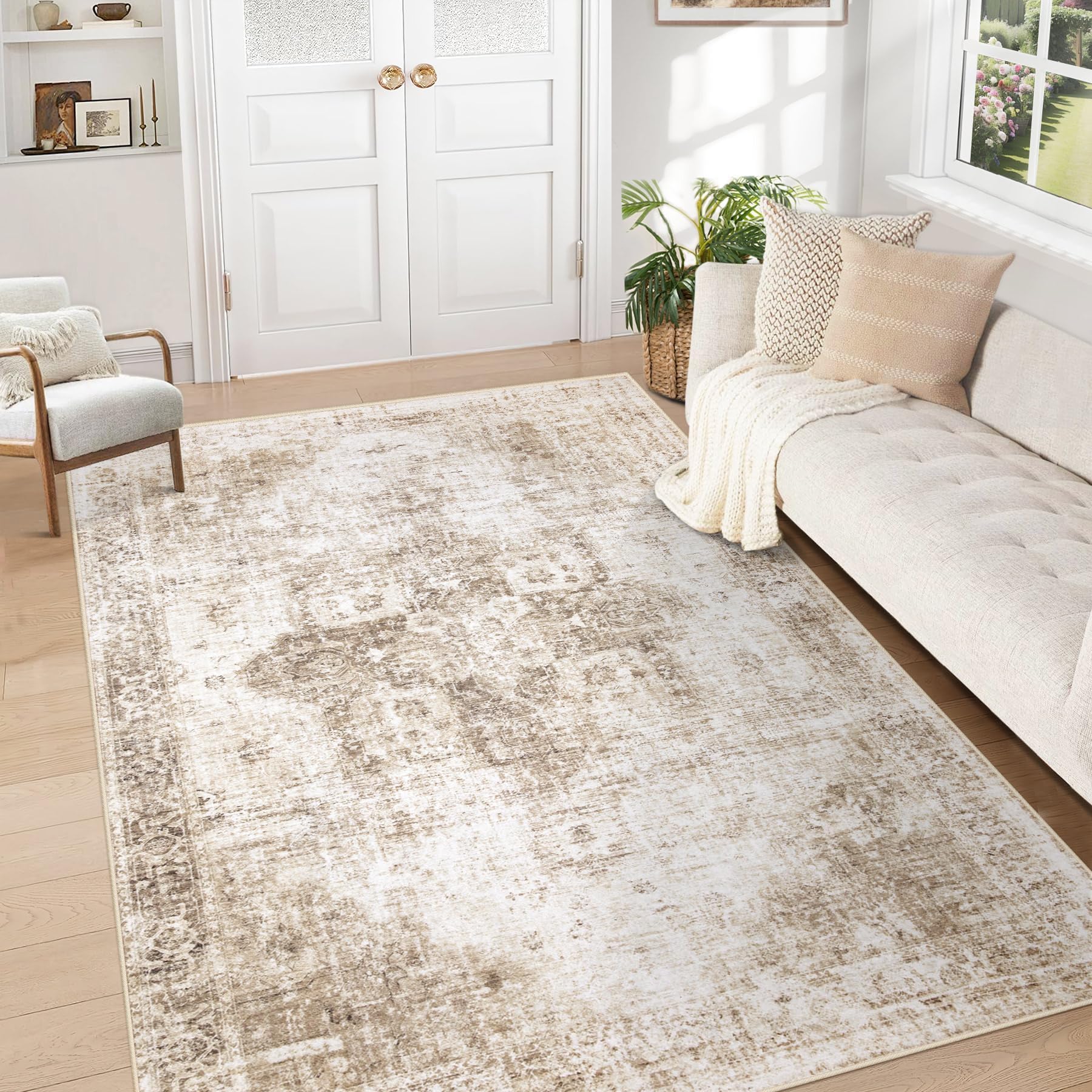 Beige 8x10ft Washable Boho Rug, Non-Slip Low Pile Carpet for Home & Office