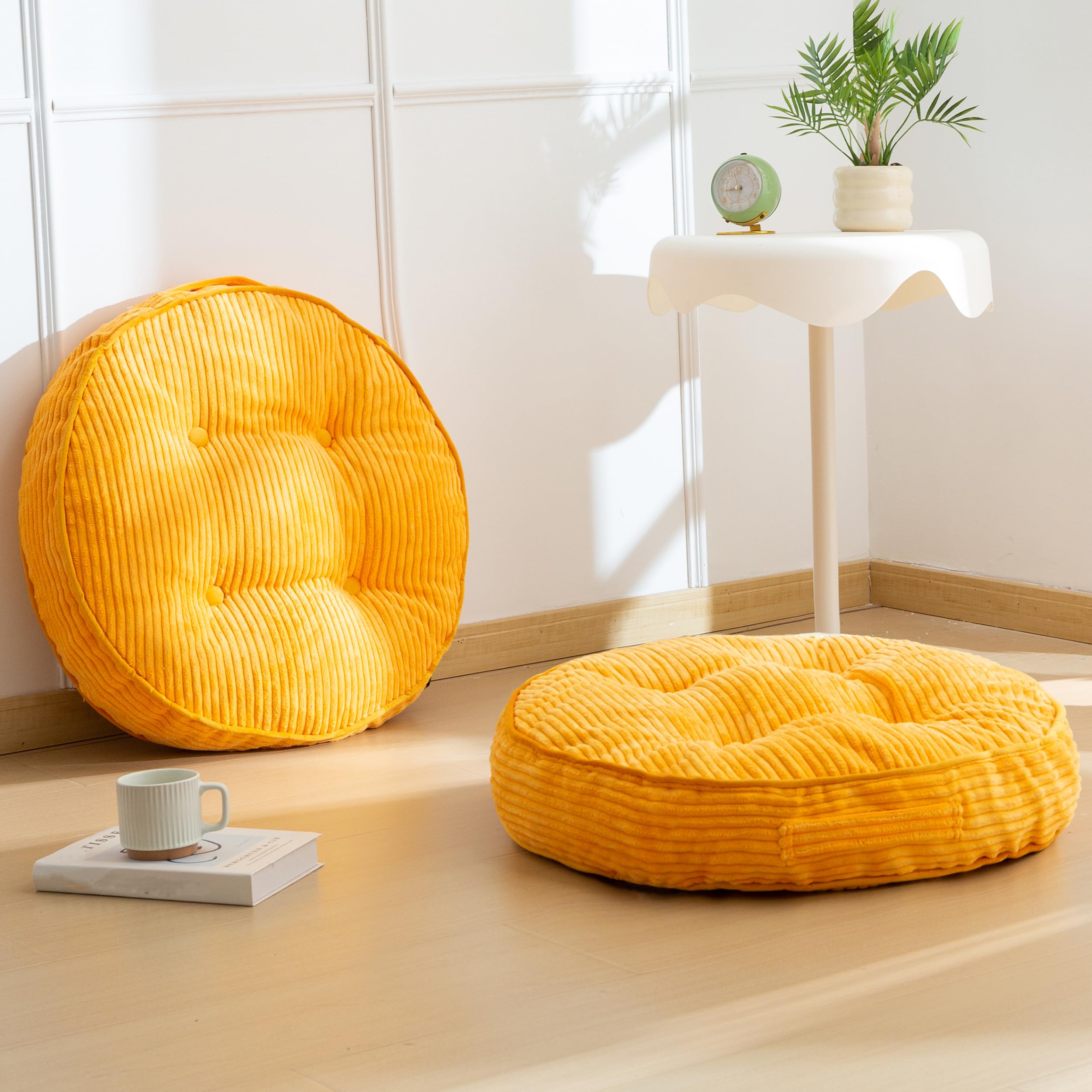 HIGOGOGO Floor Pillow Cushion for Adults, Meditation Cushion Pillow, Large Round Floor Sitting, Tufted Corduroy Cover, for Tatami Living Room or Yoga, 22x22 Inch, Beige