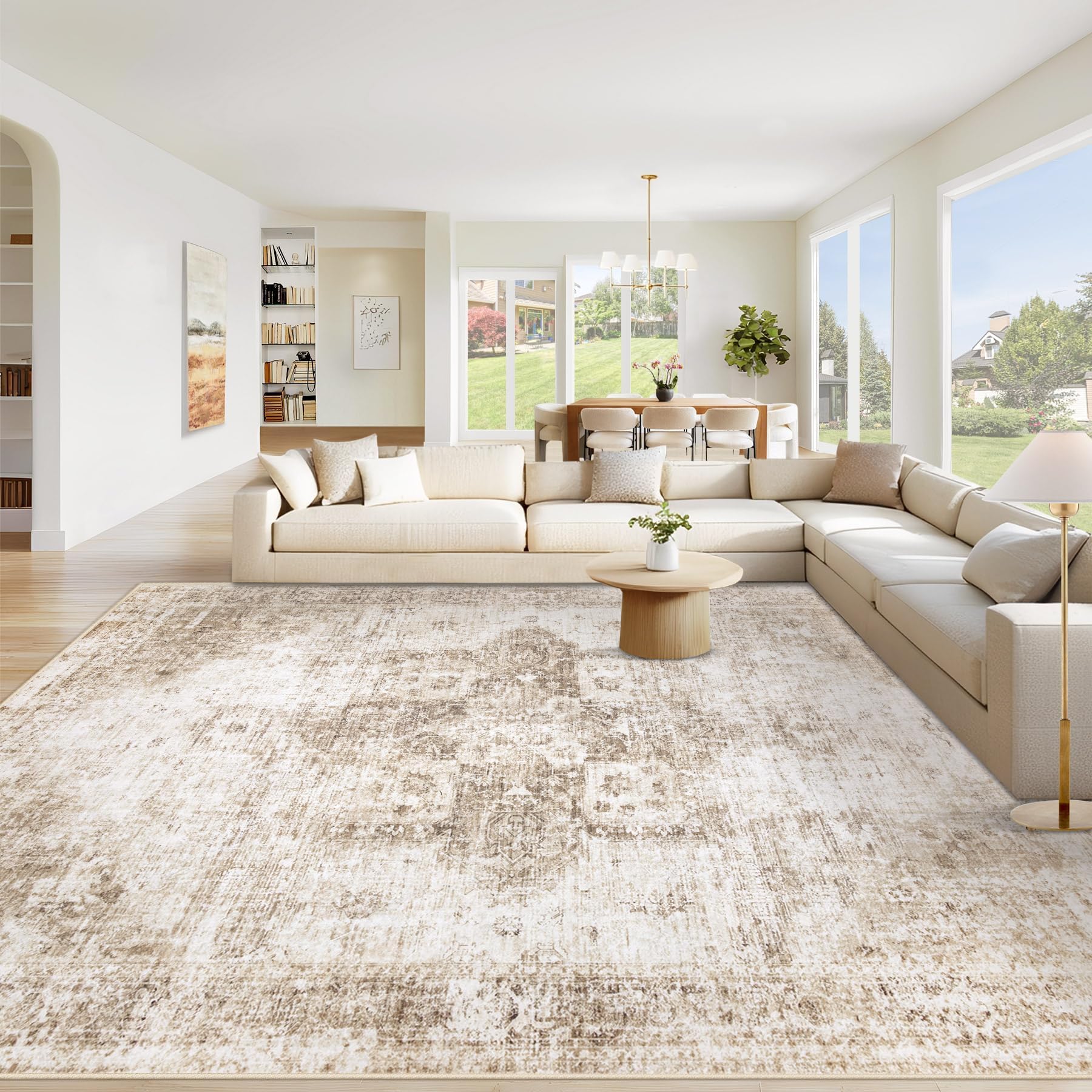 Beige 8x10ft Washable Boho Rug, Non-Slip Low Pile Carpet for Home & Office