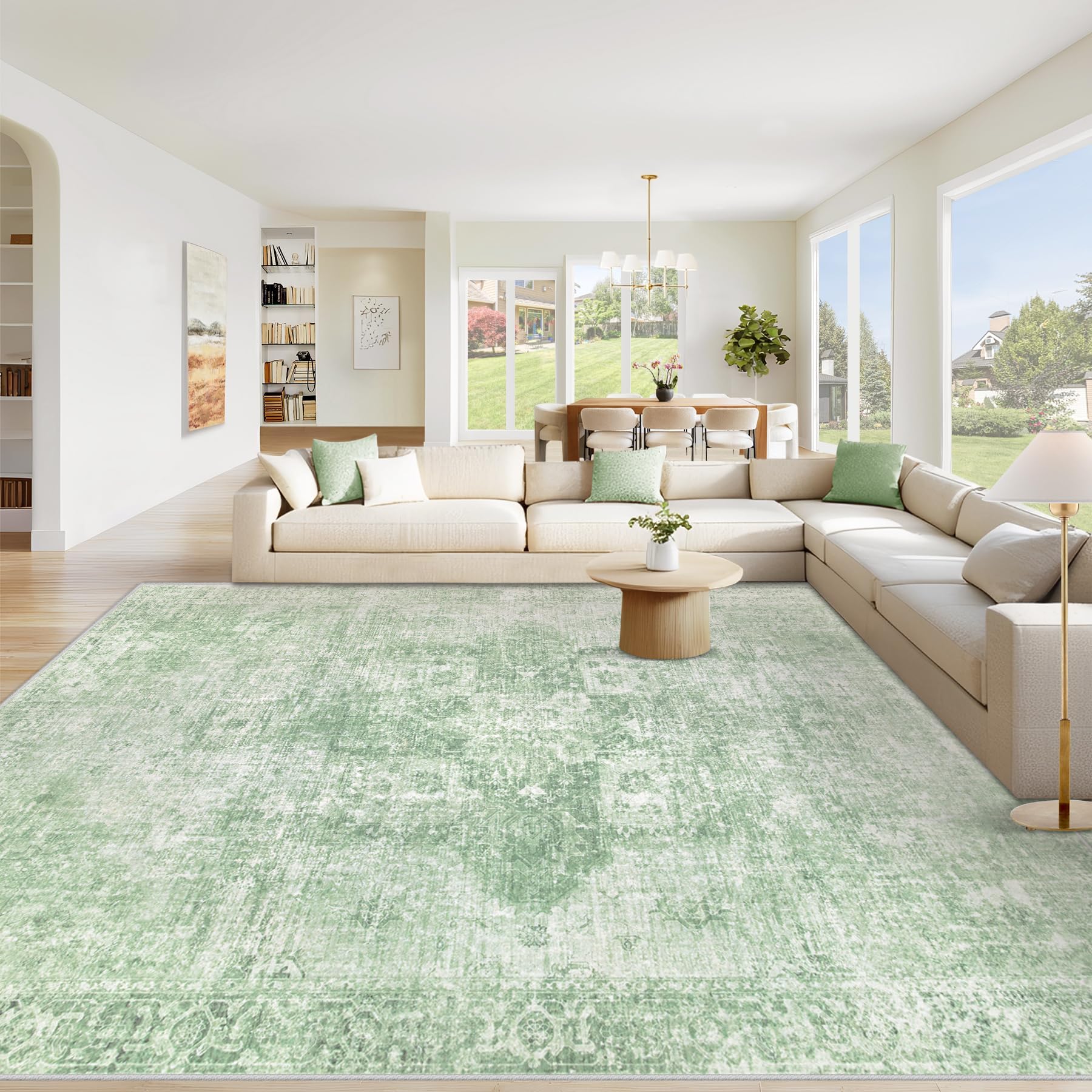 Beige 8x10ft Washable Boho Rug, Non-Slip Low Pile Carpet for Home & Office