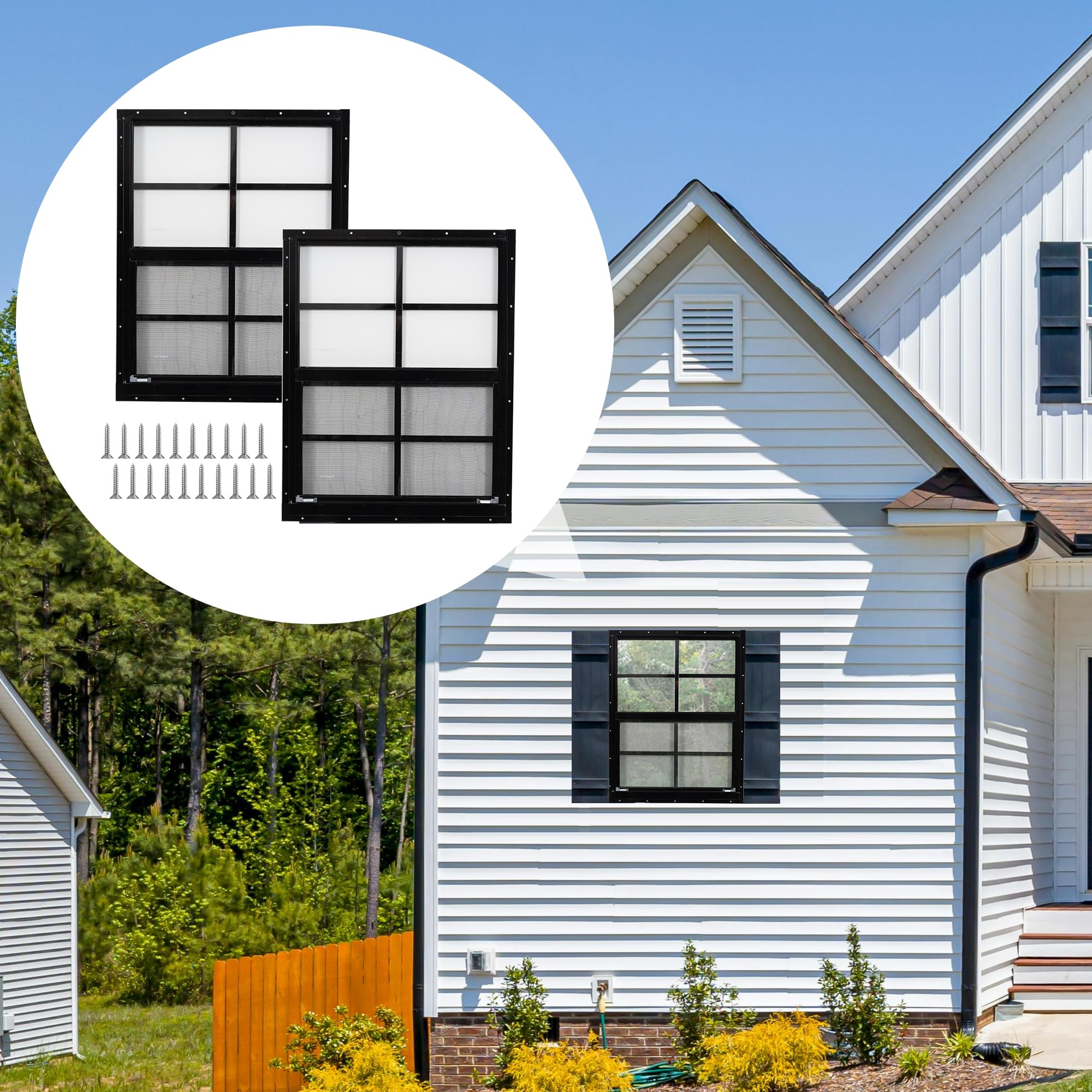 2 Pack Shed Windows, 24'' x 27'' Household Windows with Tempered Glass and Fiberglass Screen for Shed, Flush Mount Sliding Window for Chicken Coop, Playhouse, Garage, White