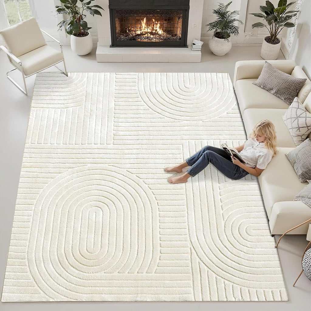 Beige Solid Area Rug 8x10 – Large Washable Soft Indoor Rugs for Living Room Bedroom, Modern Geometric Bohemian Pattern High-Low Pile Textured Carpet for House Apartment, Home Office Decor