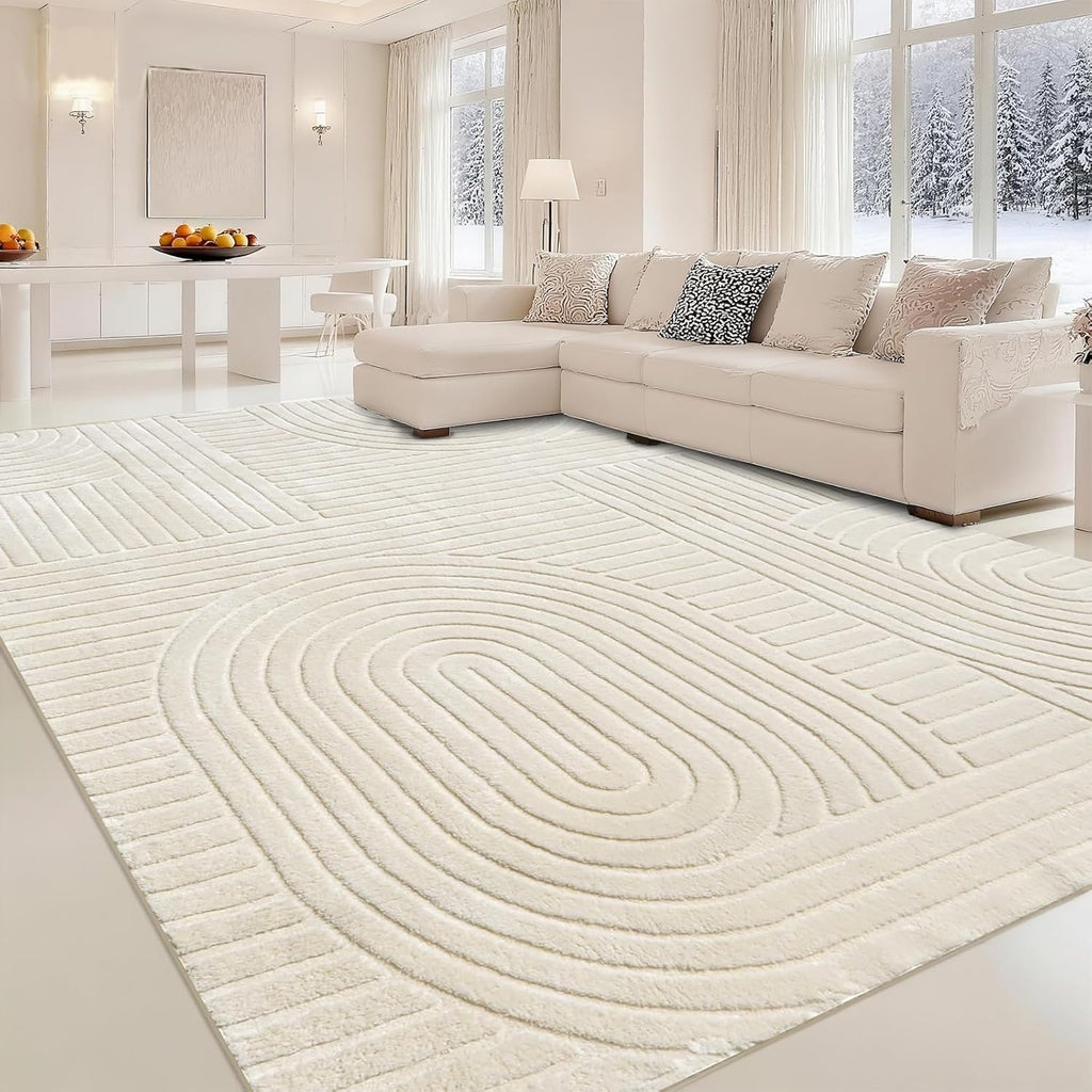 Beige Solid Area Rug 8x10 – Large Washable Soft Indoor Rugs for Living Room Bedroom, Modern Geometric Bohemian Pattern High-Low Pile Textured Carpet for House Apartment, Home Office Decor