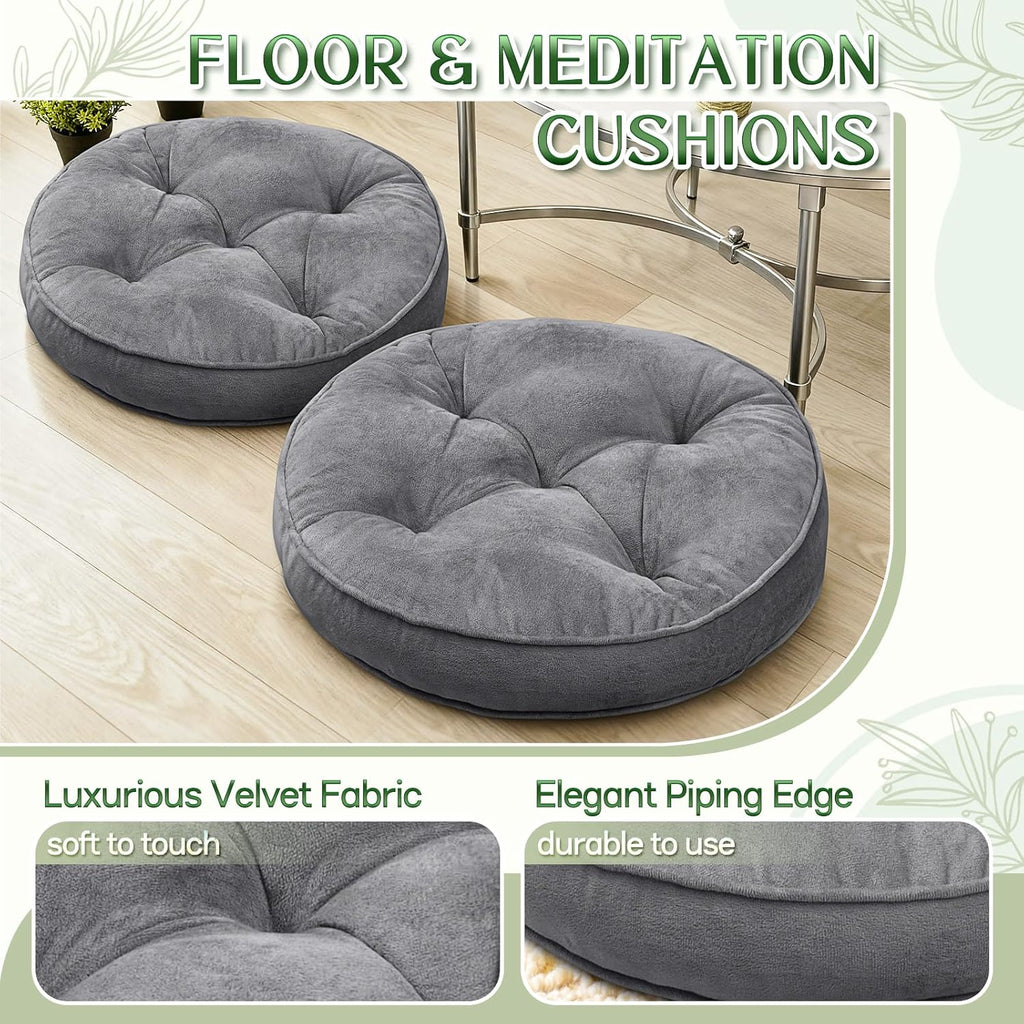 1 MIDDLE ONE Floor Pillow Set of 2, Memory Foam Meditation Cushion, Floor Cushions for Adults Sitting, Large Round Seat Cushions for Yoga, Living Room, 20x20 Inch (Round | Grey)