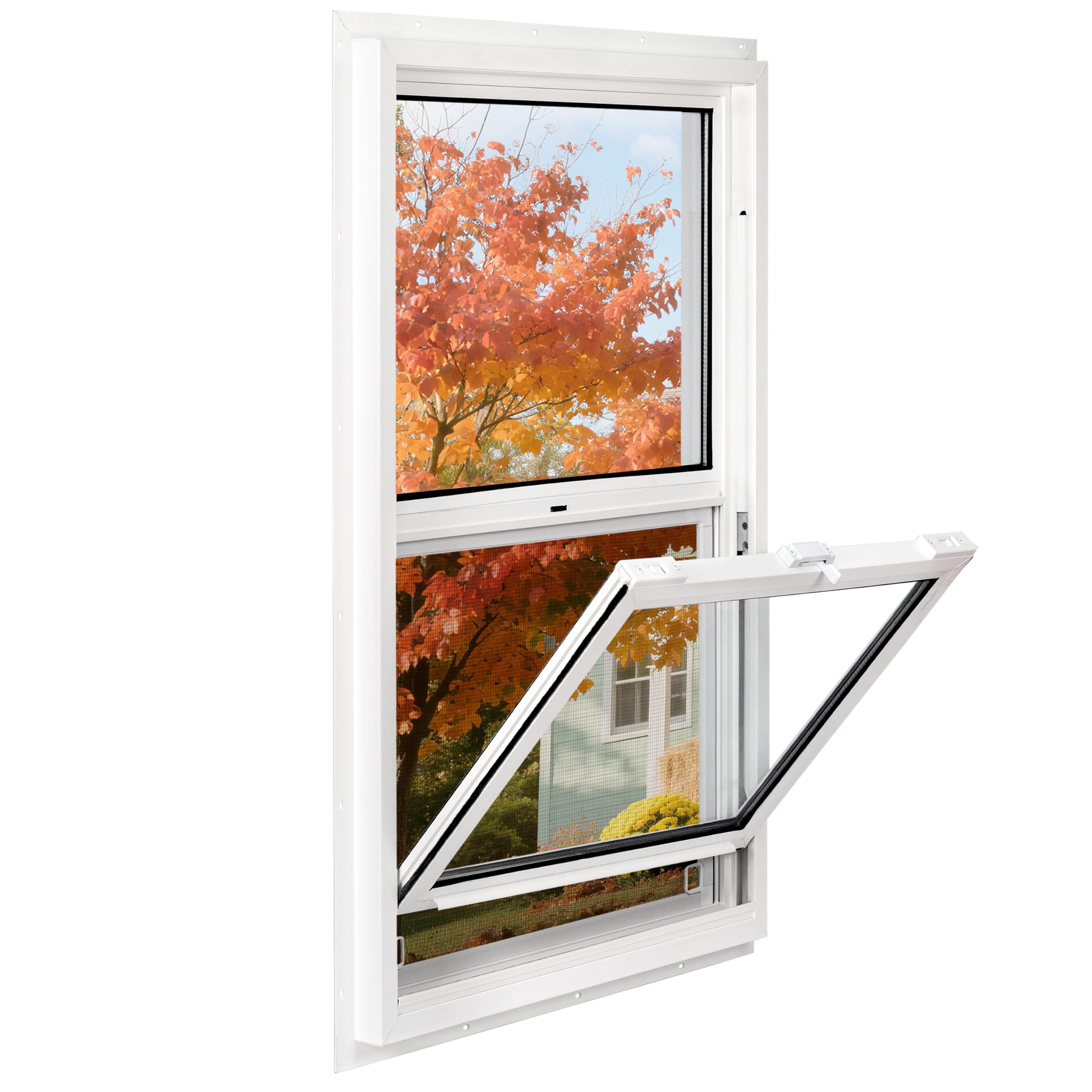 Vinyl Single Hung Sliding Window, 24" x 38" Household Window with Double-Pane Insulated Tempered Glass, White Energy-Efficient Soundproof Window for House, Mobile Home