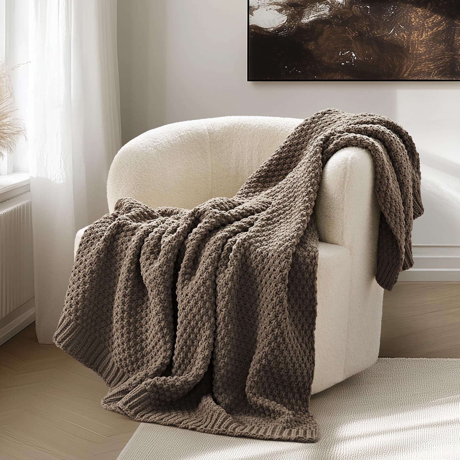 EVERGRACEHOME Modern Checkered Chenille Throw Blanket, Soft Cozy Plaid Knitted Chair Blanket for Sofa Couch, Decorative Knit Throw for Bed and Living Room, Sand Dune, 50" x 60"