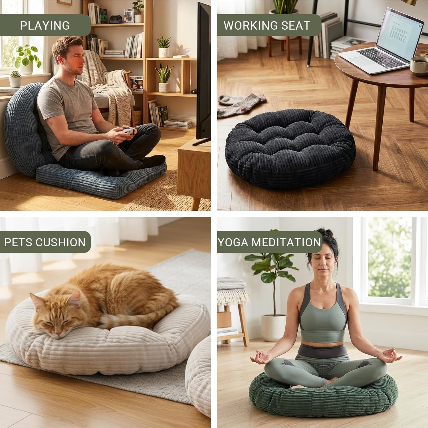 Large Floor Pillow for Adults, 22x22" Memory Foam Floor Cushion with Corduroy Cover, Round Floor Sitting Cushions for Meditation, Lounge,Seating for Yoga, Tatami Living Room (2, Round-Black)