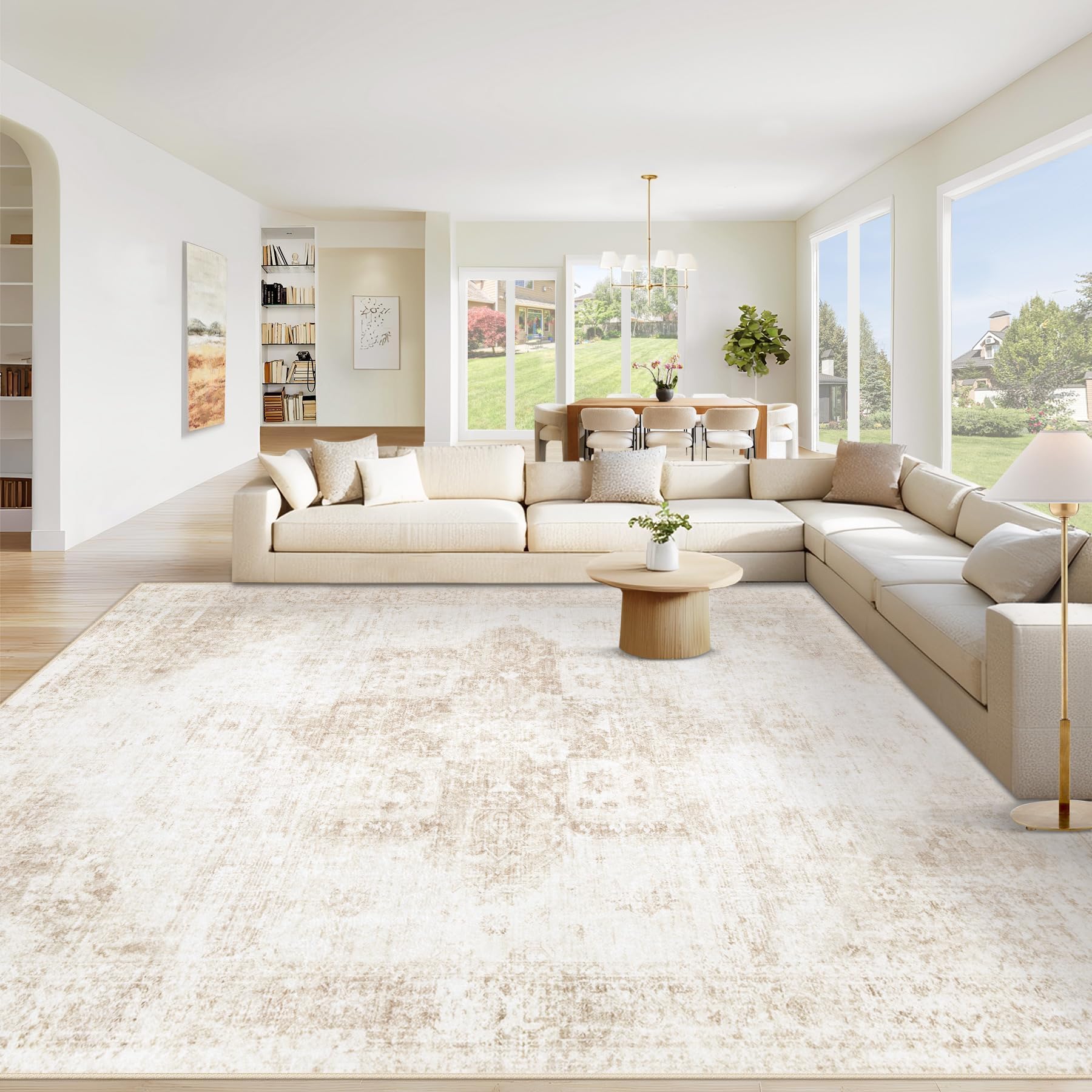 Beige 8x10ft Washable Boho Rug, Non-Slip Low Pile Carpet for Home & Office