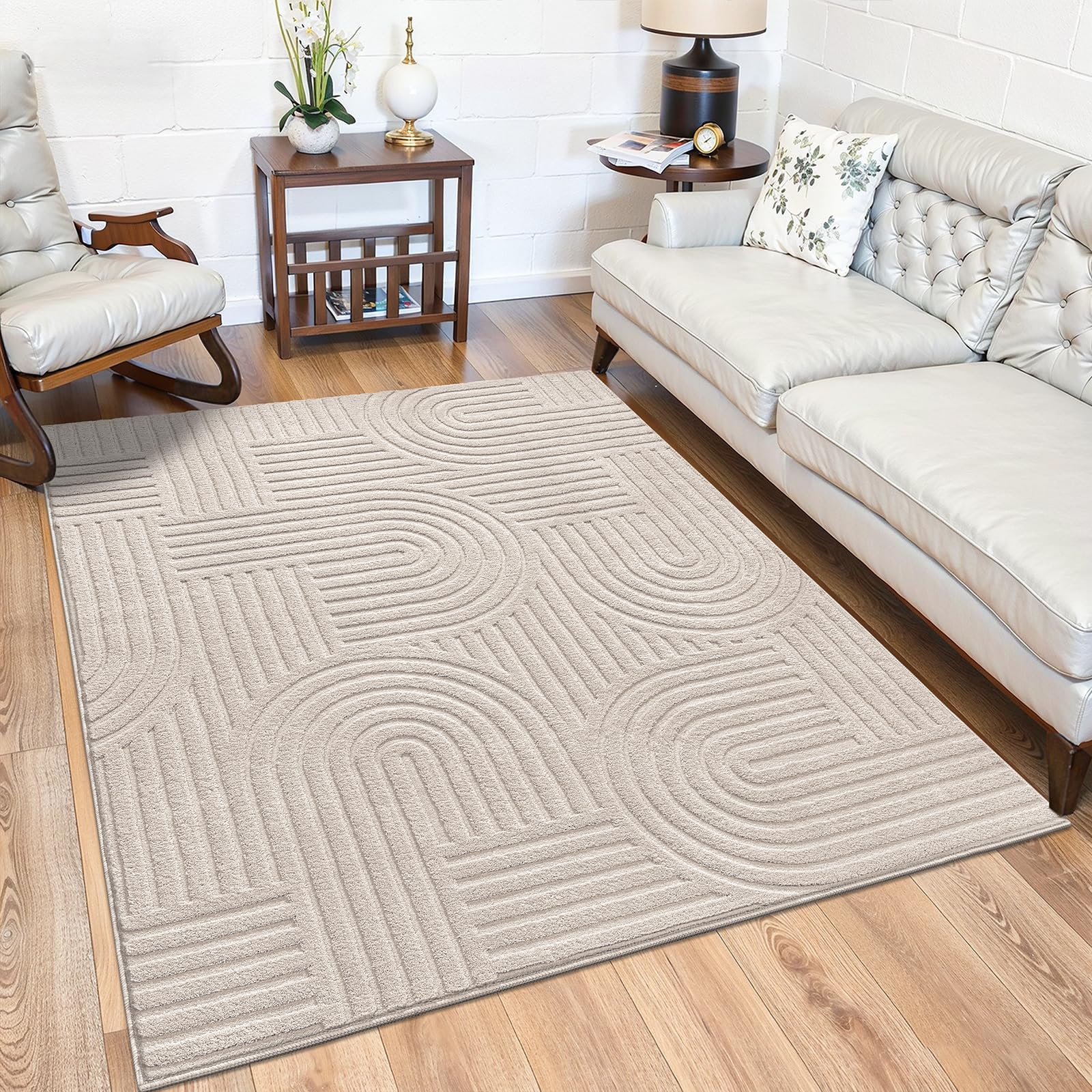 SHACOS Soft Cozy Fluffy Arch Pattern High-Low Pile Textured Area Rug 5'3"x7'3" Non Slip Washable Modern Geometric Rug Stain Resistant Contemporary Carpet for Living Room Bedroom Dining Room, Beige