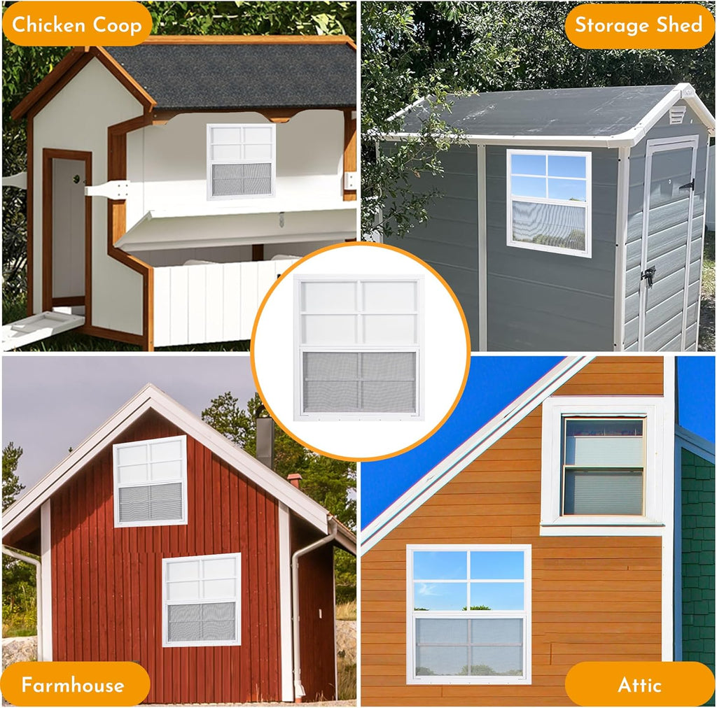 2 Pack Shed Windows, 24'' x 27'' Household Windows with Tempered Glass and Fiberglass Screen for Shed, Flush Mount Sliding Window for Chicken Coop, Playhouse, Garage, White