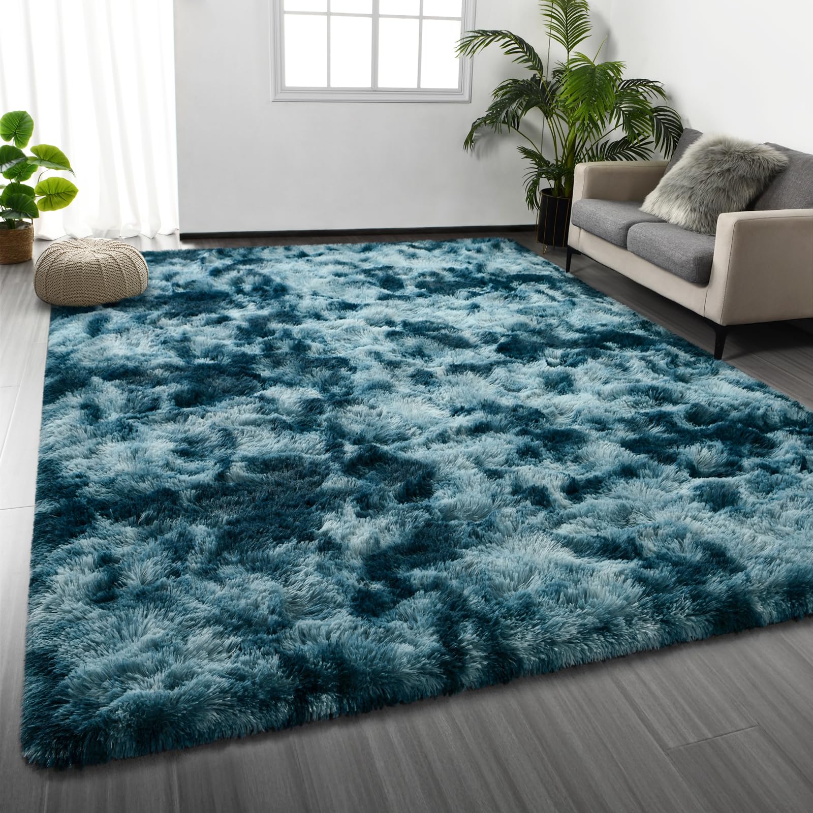 Deerhoo Large Shag Area Rugs 6 x 9, Tie-Dyed Plush Fuzzy Rug for Living Room, Ultra Soft Fluffy Furry Rugs for Bedroom, Indoor Carpet Nursery Rugs for Kids Room Home Decor, Light Grey