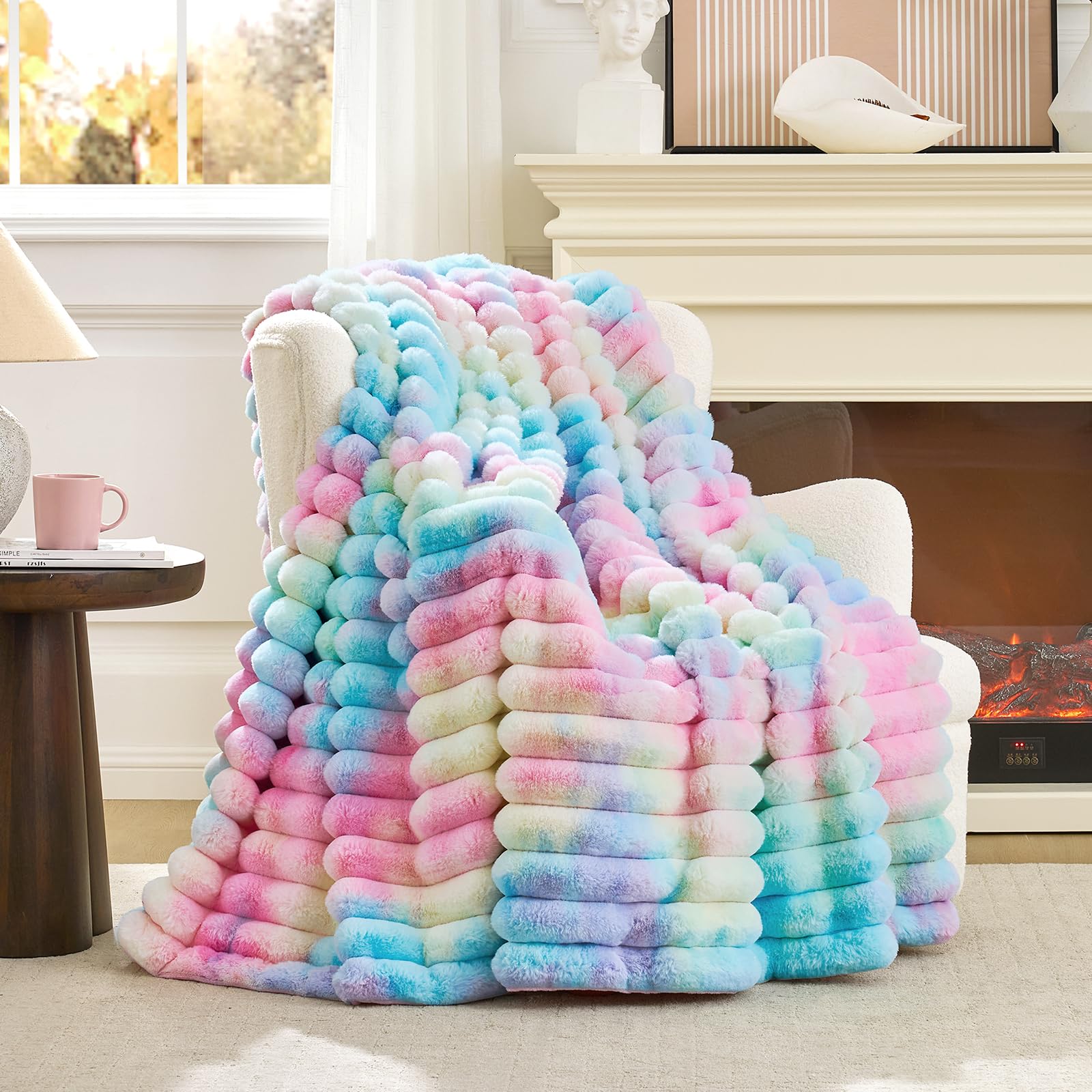 Cozy Bliss Faux Fur Throw Blanket for Couch, Cozy Warm Plush Striped Blanket for Sofa Bedroom Living Room, 60 * 80 Inches Cream White