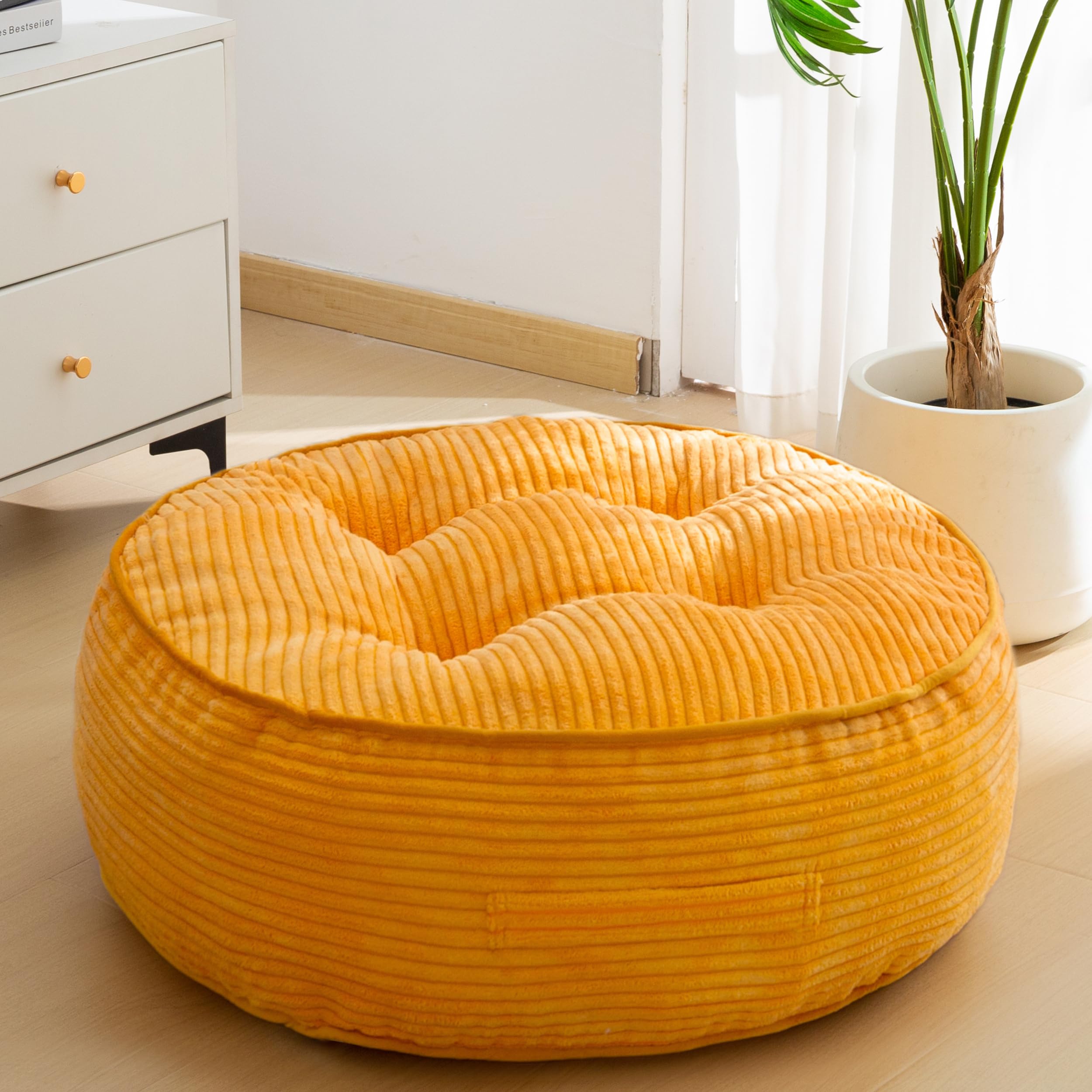 HIGOGOGO Floor Pillow Cushion for Adults, Meditation Cushion Pillow, Large Round Floor Sitting, Tufted Corduroy Cover, for Tatami Living Room or Yoga, 22x22 Inch, Beige