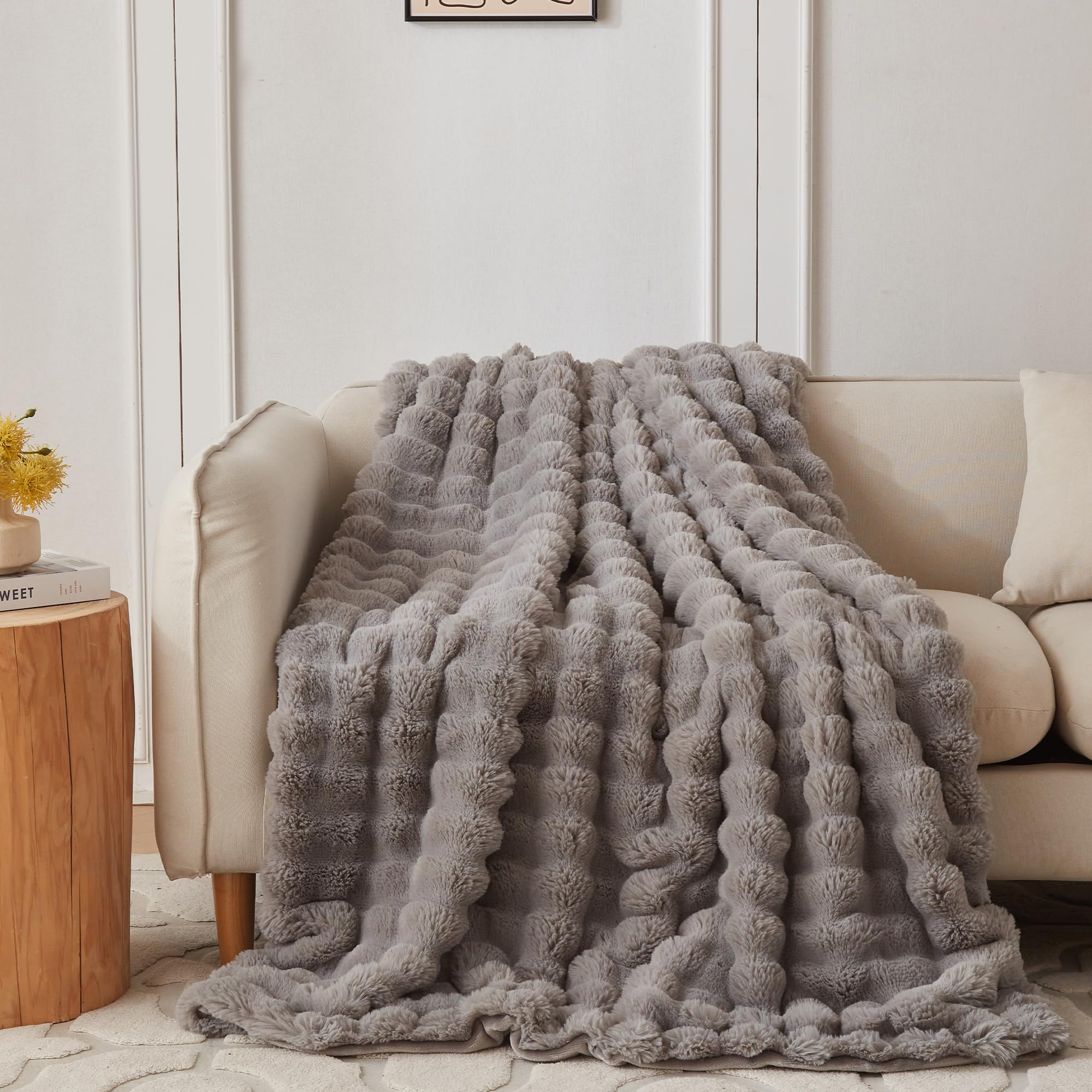 COOVA Faux Fur Throw Blanket for Couch, Cozy Soft and Fuzzy Plush Rabbit Fur Bubble Blanket for Sofa Bedroom Living Room, 60x80 Inches Tie Dye Brown