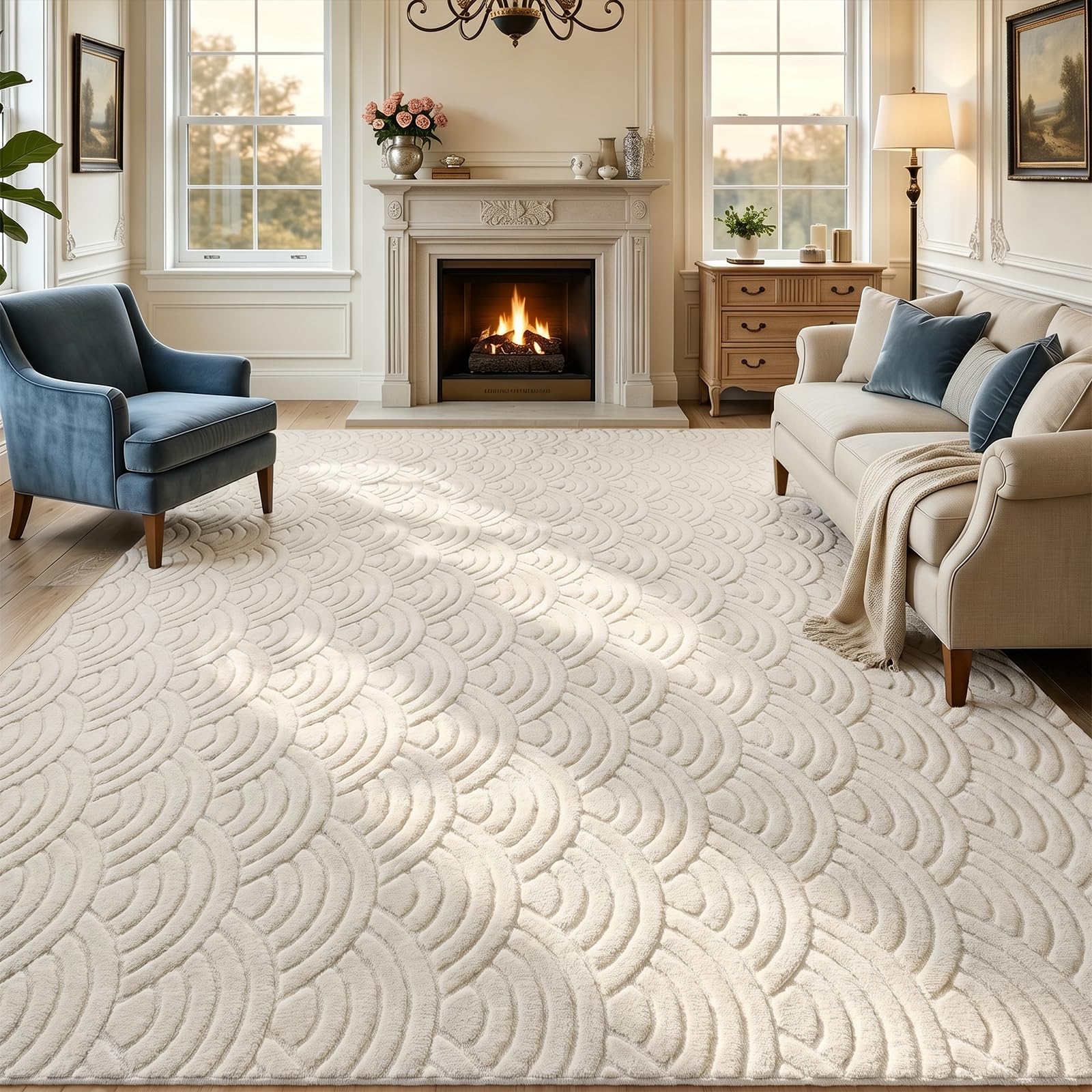 SHACOS Soft Cozy Fluffy Arch Waves Pattern High-Low Textured Area Rug 5'x7' Non Slip Washable Minimalist Modern Graphic Rainbow Carpet for Living Room Bedroom Bathroom Dining Room, Cream