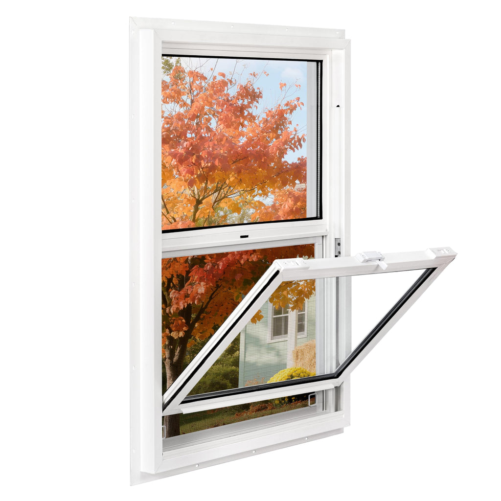 Vinyl Single Hung Sliding Window, 24" x 38" Household Window with Double-Pane Insulated Tempered Glass, White Energy-Efficient Soundproof Window for House, Mobile Home