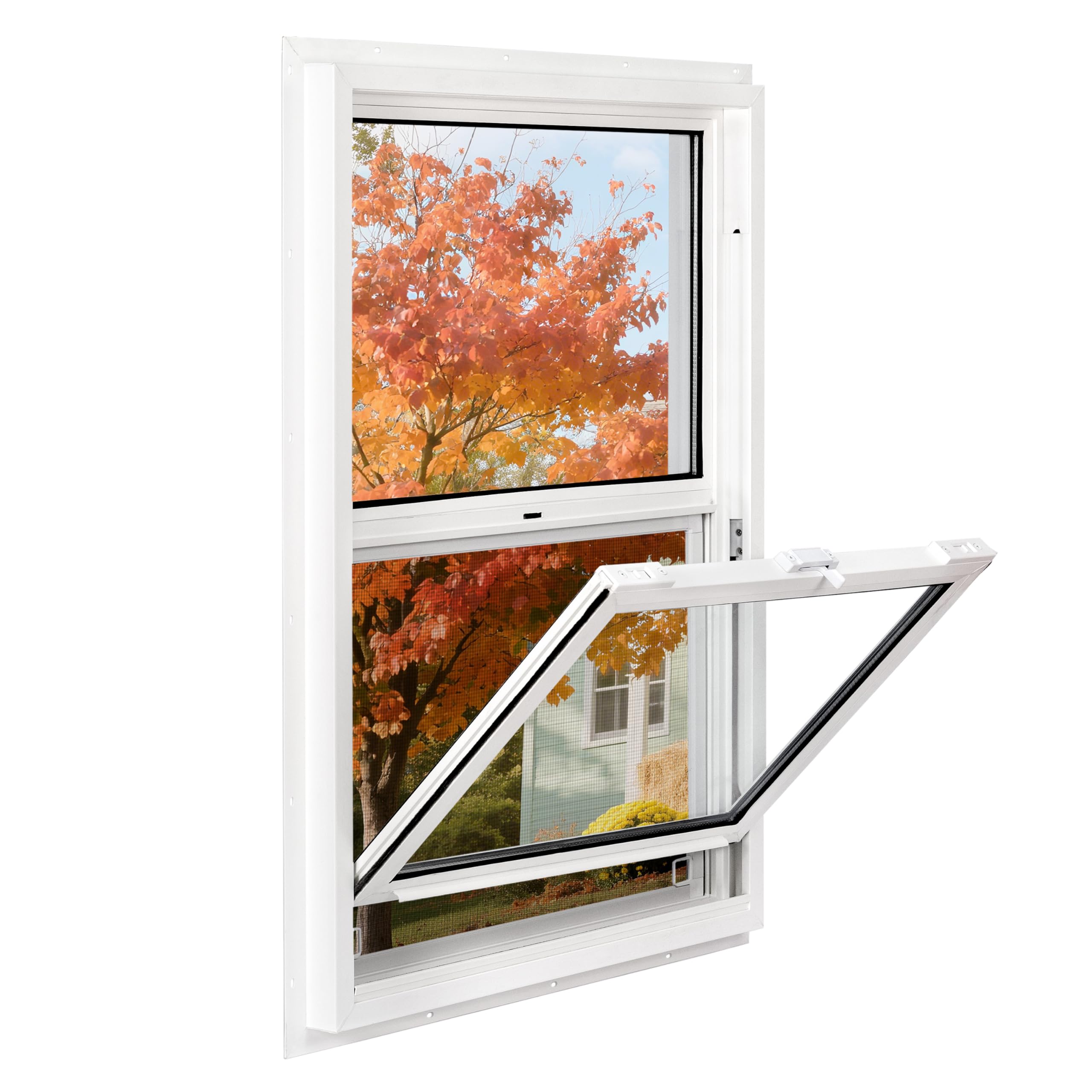 Vinyl Single Hung Sliding Window, 24" x 38" Household Window with Double-Pane Insulated Tempered Glass, White Energy-Efficient Soundproof Window for House, Mobile Home