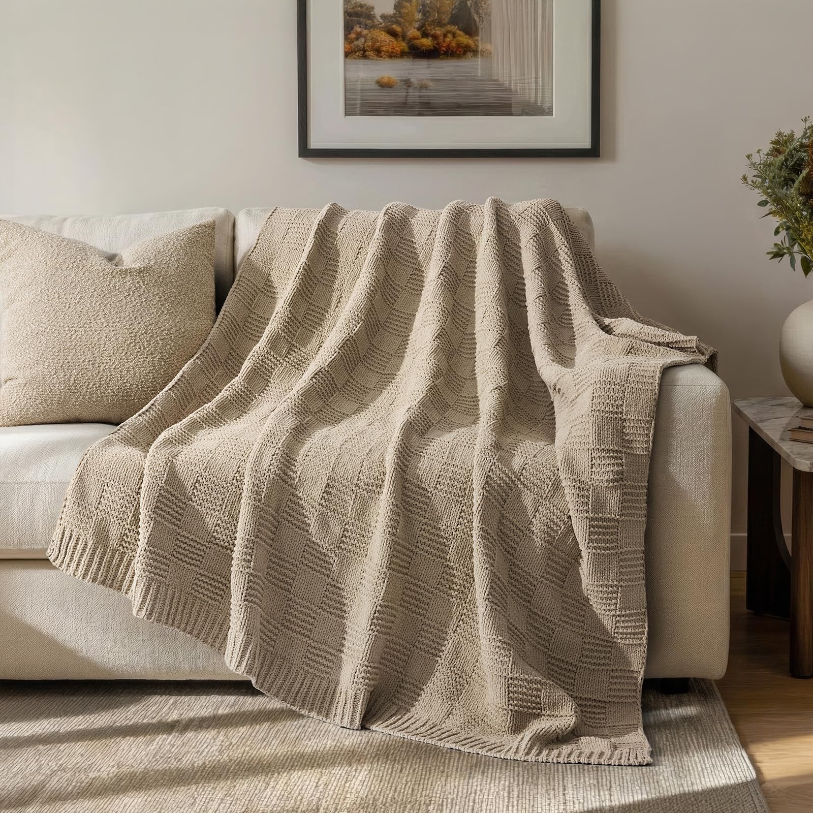 EVERGRACEHOME Modern Checkered Chenille Throw Blanket, Soft Cozy Plaid Knitted Chair Blanket for Sofa Couch, Decorative Knit Throw for Bed and Living Room, Sand Dune, 50" x 60"