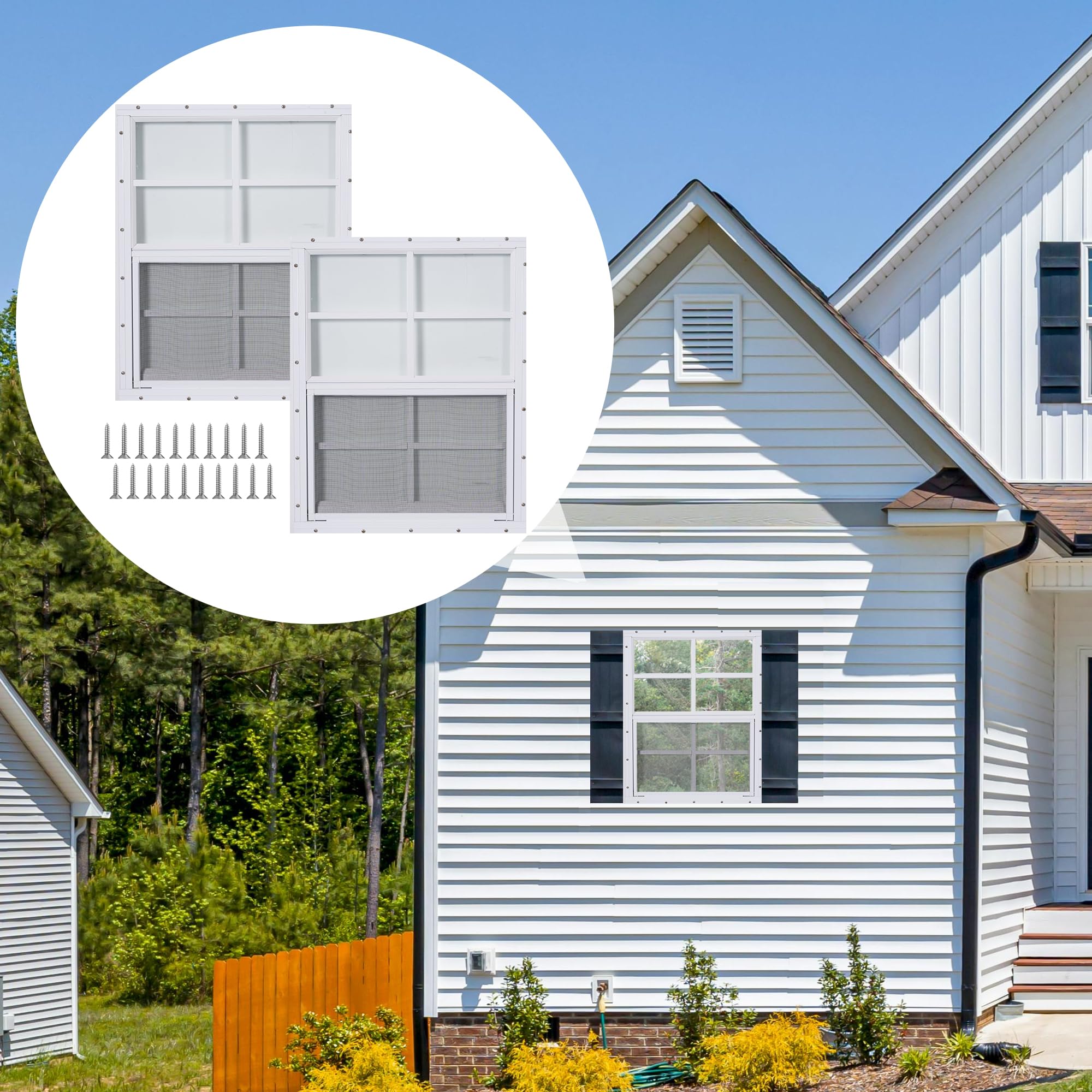 2 Pack Shed Windows, 24'' x 27'' Household Windows with Tempered Glass and Fiberglass Screen for Shed, Flush Mount Sliding Window for Chicken Coop, Playhouse, Garage, White