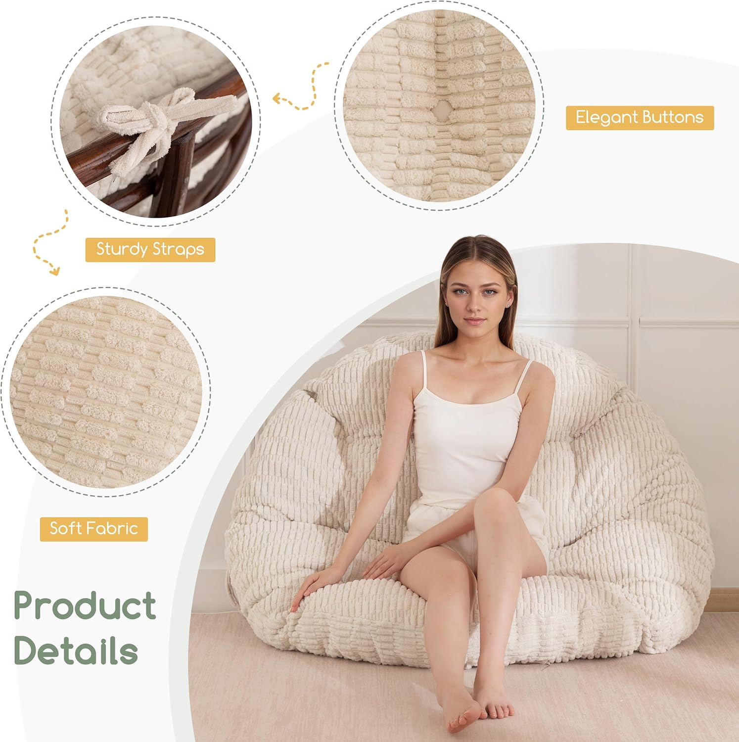 HIGOGOGO Papasan Chair Cushion with Thick Corduroy Cover (Without Chair), Supportive Cushion, Beige, 48 x 48 Inch
