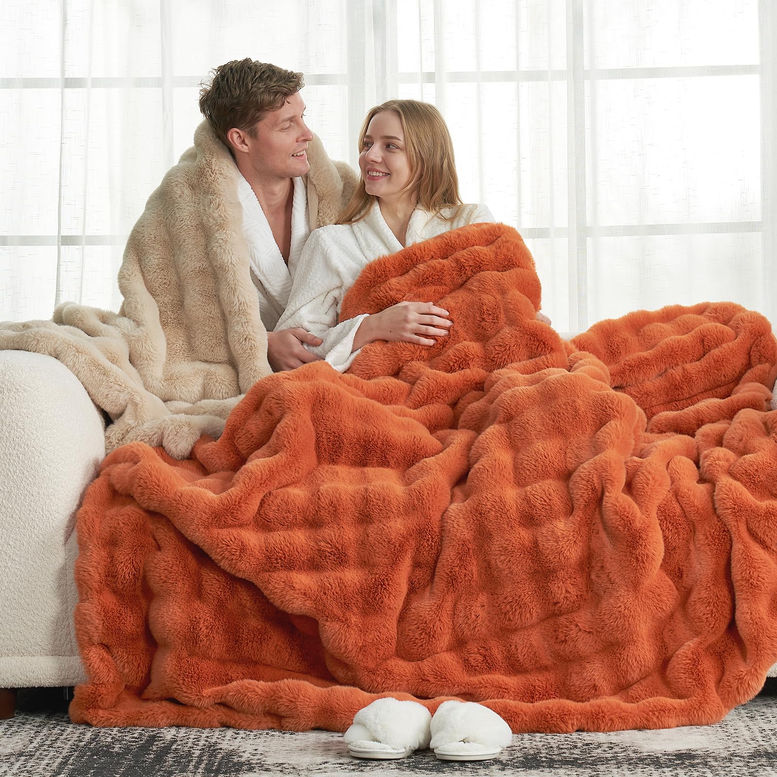 Cozy Bliss Faux Fur Throw Blanket for Couch, Fuzzy Soft Plush Thick Bubble Blanket for Sofa Bedroom Living Room,50 * 60 Inches Light Grey