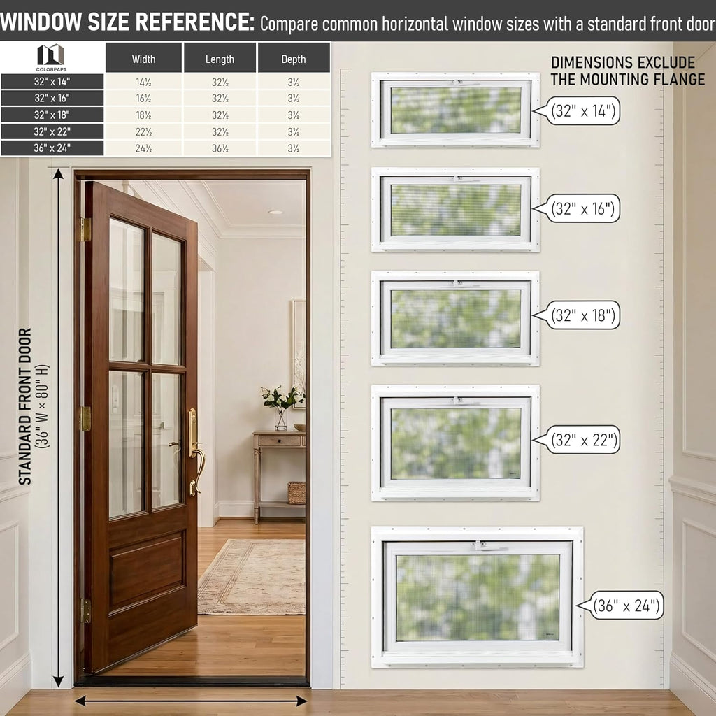 Vinyl Hopper Basement Window, 36" x 24" Sliding Bathroom Window with Double Pane Insulated Tempered Glass and Fiberglass Mesh Screen Window for Basement Bathroom Home RV Garage (White)
