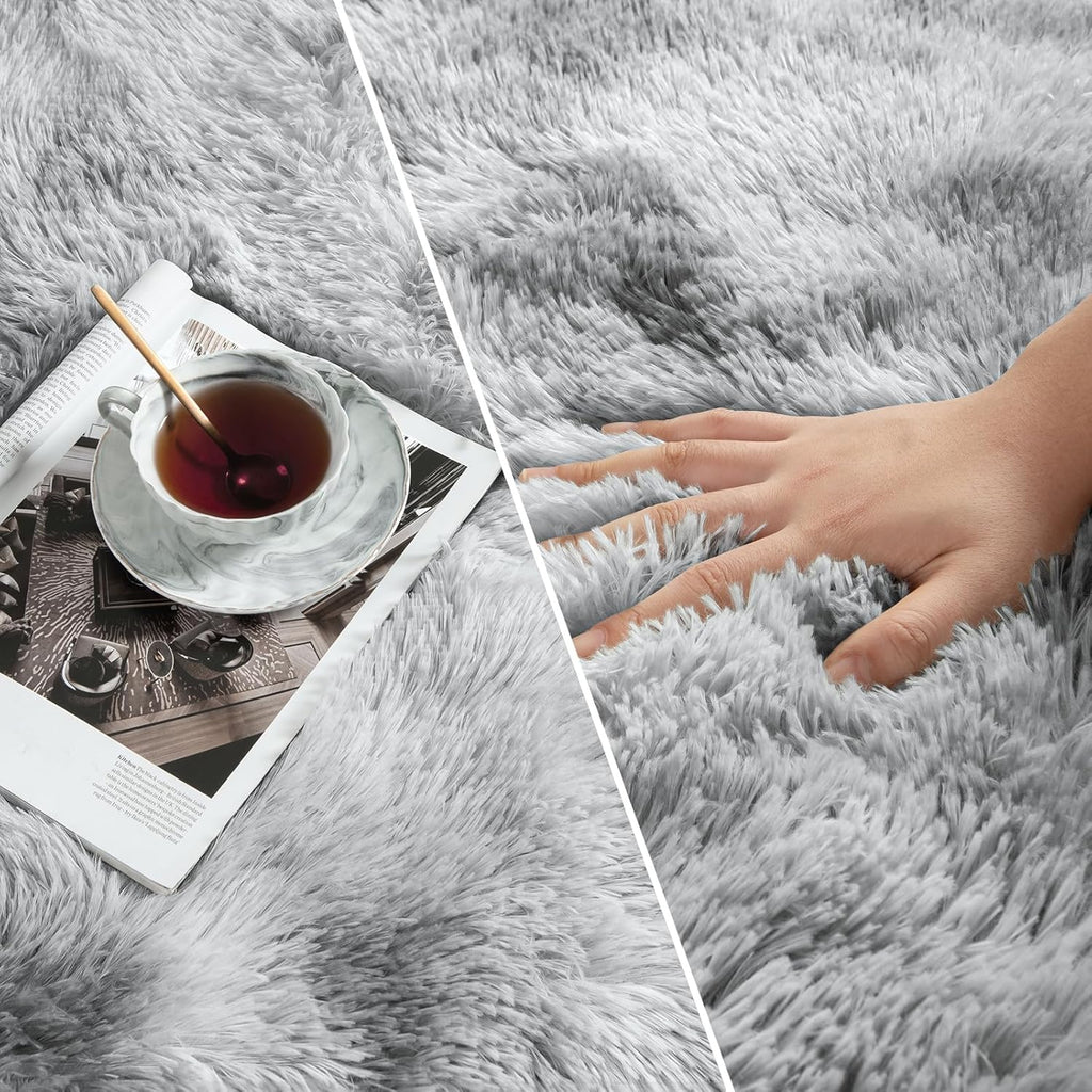 Deerhoo Large Shag Area Rugs 6 x 9, Tie-Dyed Plush Fuzzy Rug for Living Room, Ultra Soft Fluffy Furry Rugs for Bedroom, Indoor Carpet Nursery Rugs for Kids Room Home Decor, Light Grey