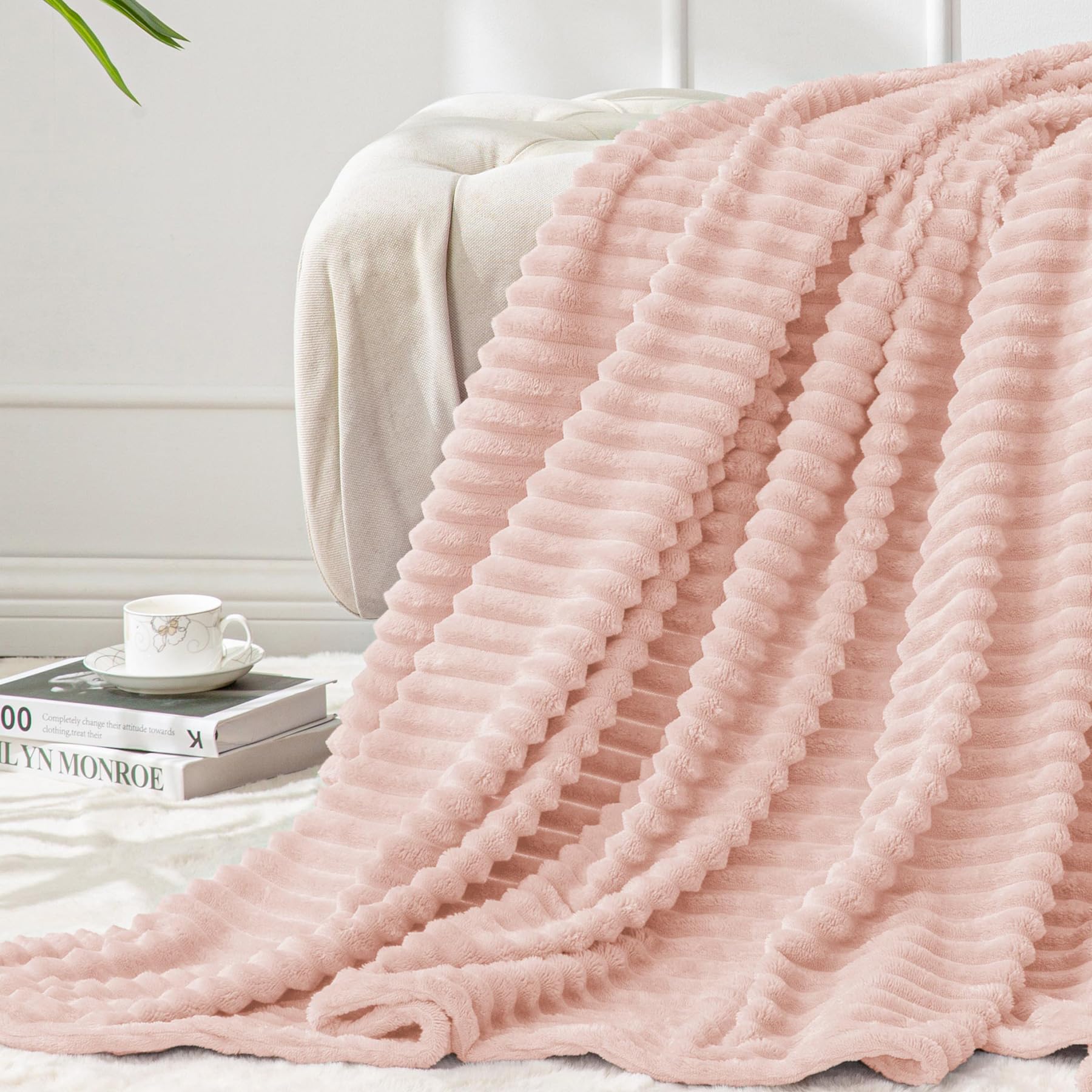 BEDELITE Fleece Throw Blanket for Couch – 3D Ribbed Jacquard Soft and Warm Decorative Fuzzy Blanket – Cozy, Fluffy, Plush Lightweight Pink Throw Blankets for Bed, Sofa, 50x60 inches