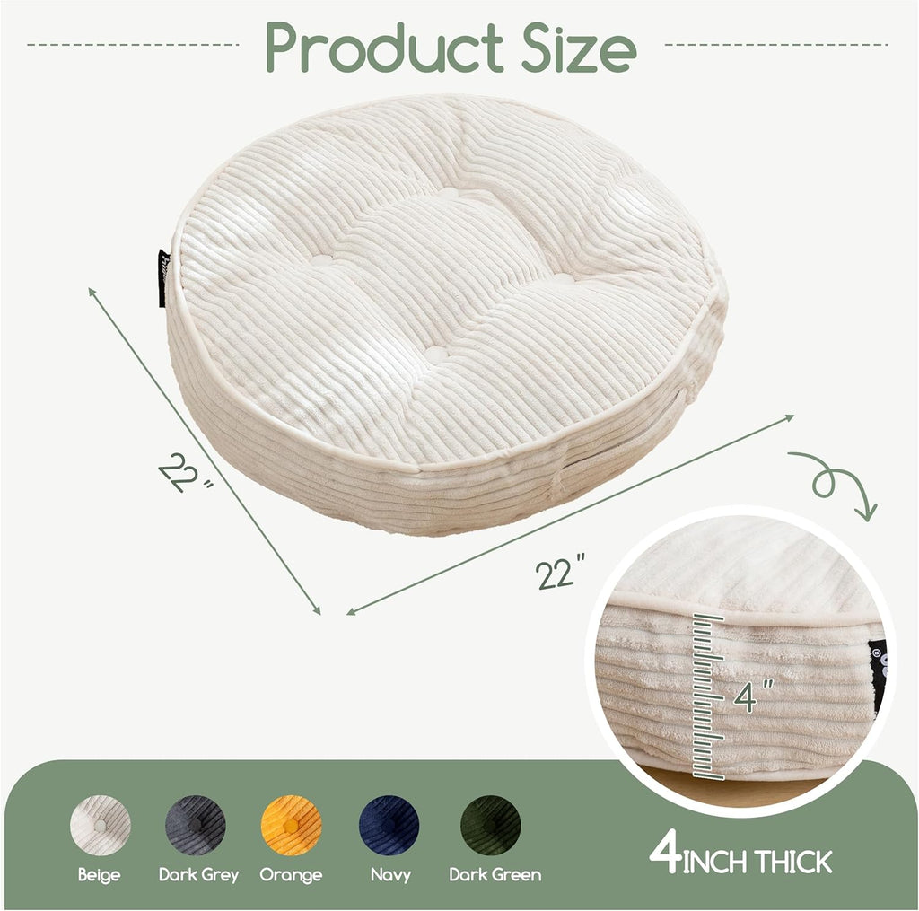 HIGOGOGO Floor Pillow Cushion for Adults, Meditation Cushion Pillow, Large Round Floor Sitting, Tufted Corduroy Cover, for Tatami Living Room or Yoga, 22x22 Inch, Beige