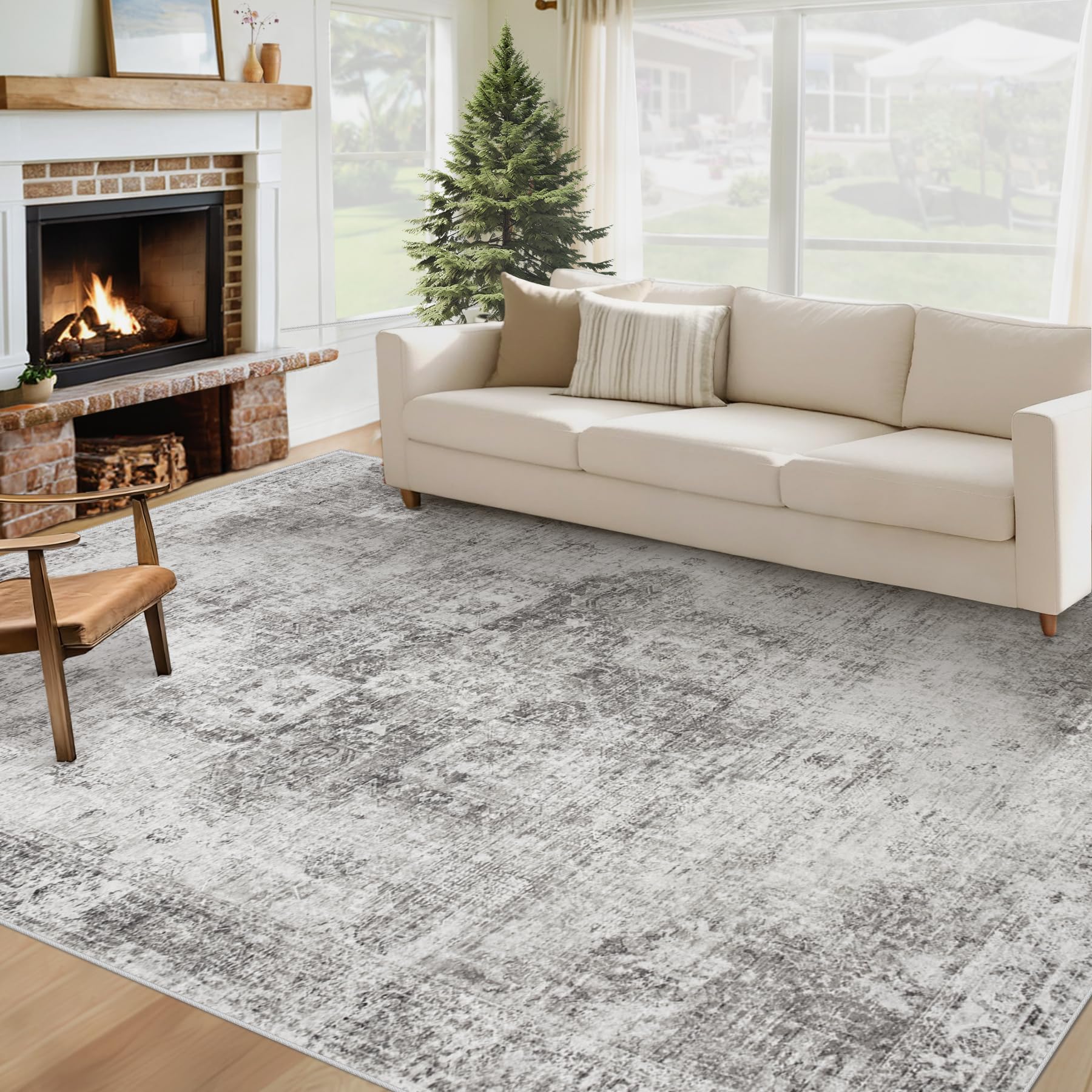 Beige 8x10ft Washable Boho Rug, Non-Slip Low Pile Carpet for Home & Office