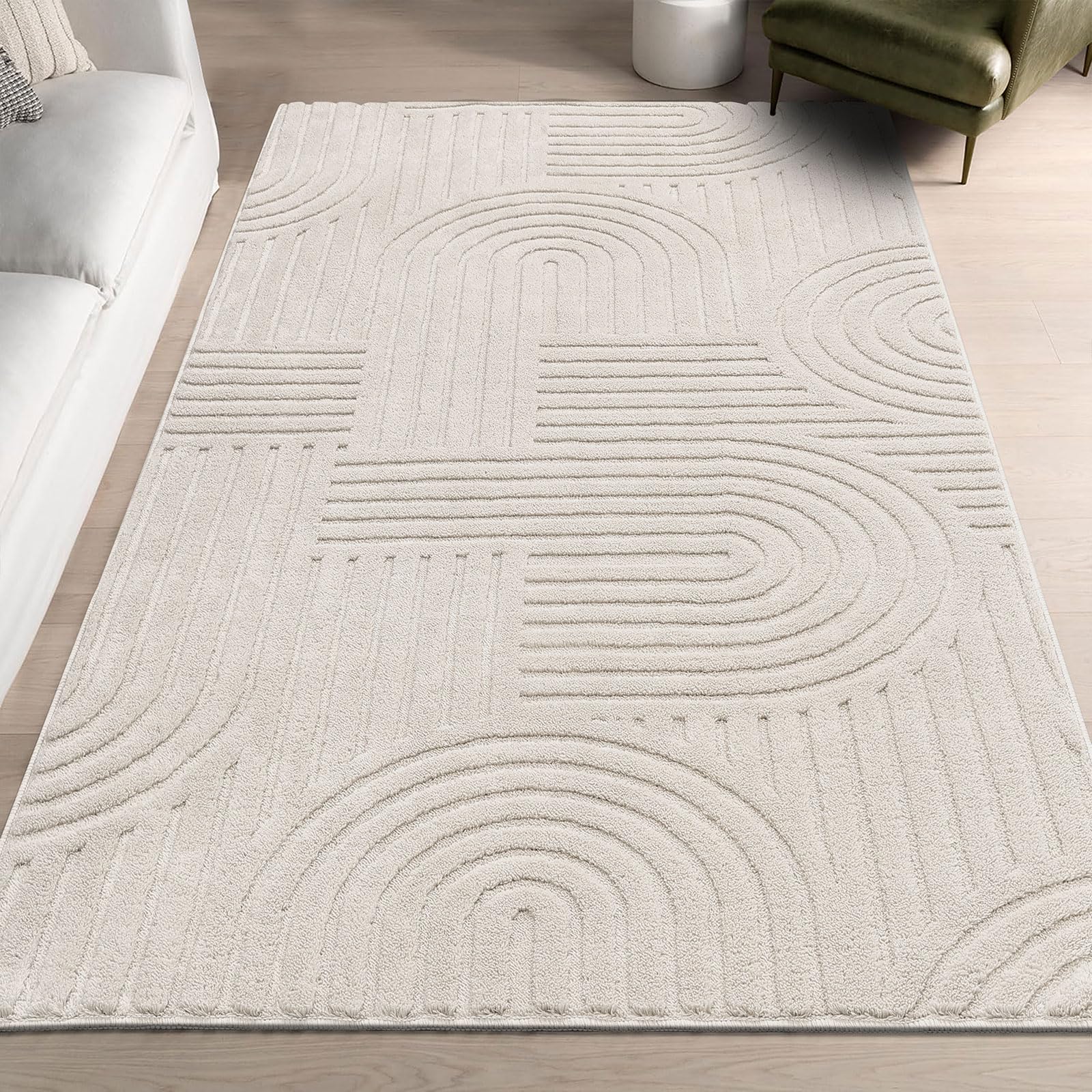 SHACOS Soft Cozy Fluffy Arch Pattern High-Low Pile Textured Area Rug 5'3"x7'3" Non Slip Washable Modern Geometric Rug Stain Resistant Contemporary Carpet for Living Room Bedroom Dining Room, Beige