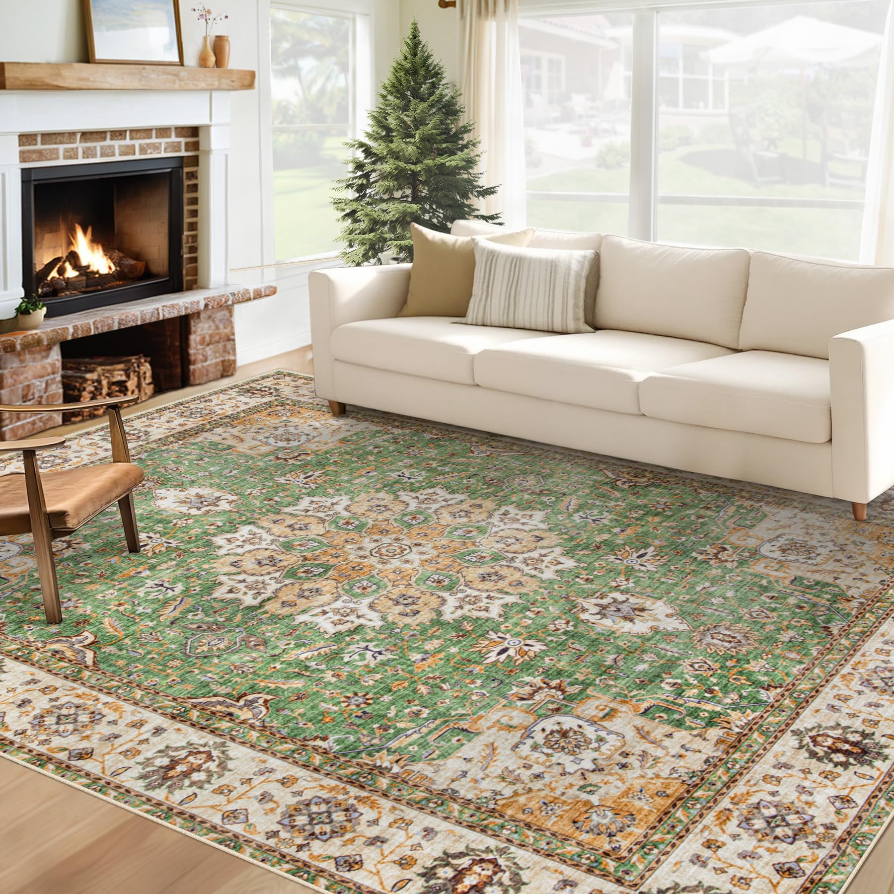 Beige 8x10ft Washable Boho Rug, Non-Slip Low Pile Carpet for Home & Office