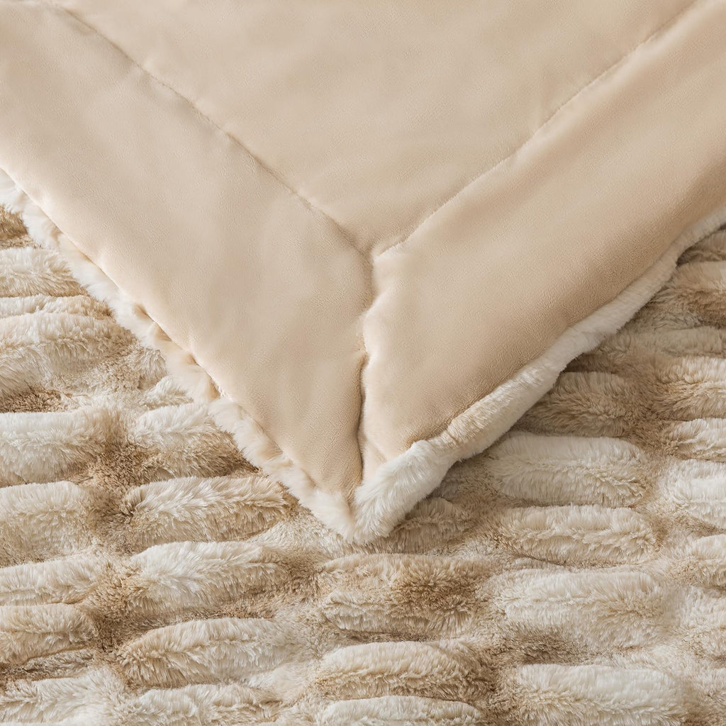 WDCOZY Ruched Faux Fur Throw Blanket Soft Cozy Fluffy Luxurious Blankets Couch Bed Sofa Chair Home Decor Warm Furry Fall Winter Plush Rabbit Fur Bubble Blanket 50" x 60", Caramel Beige Camel Neutral