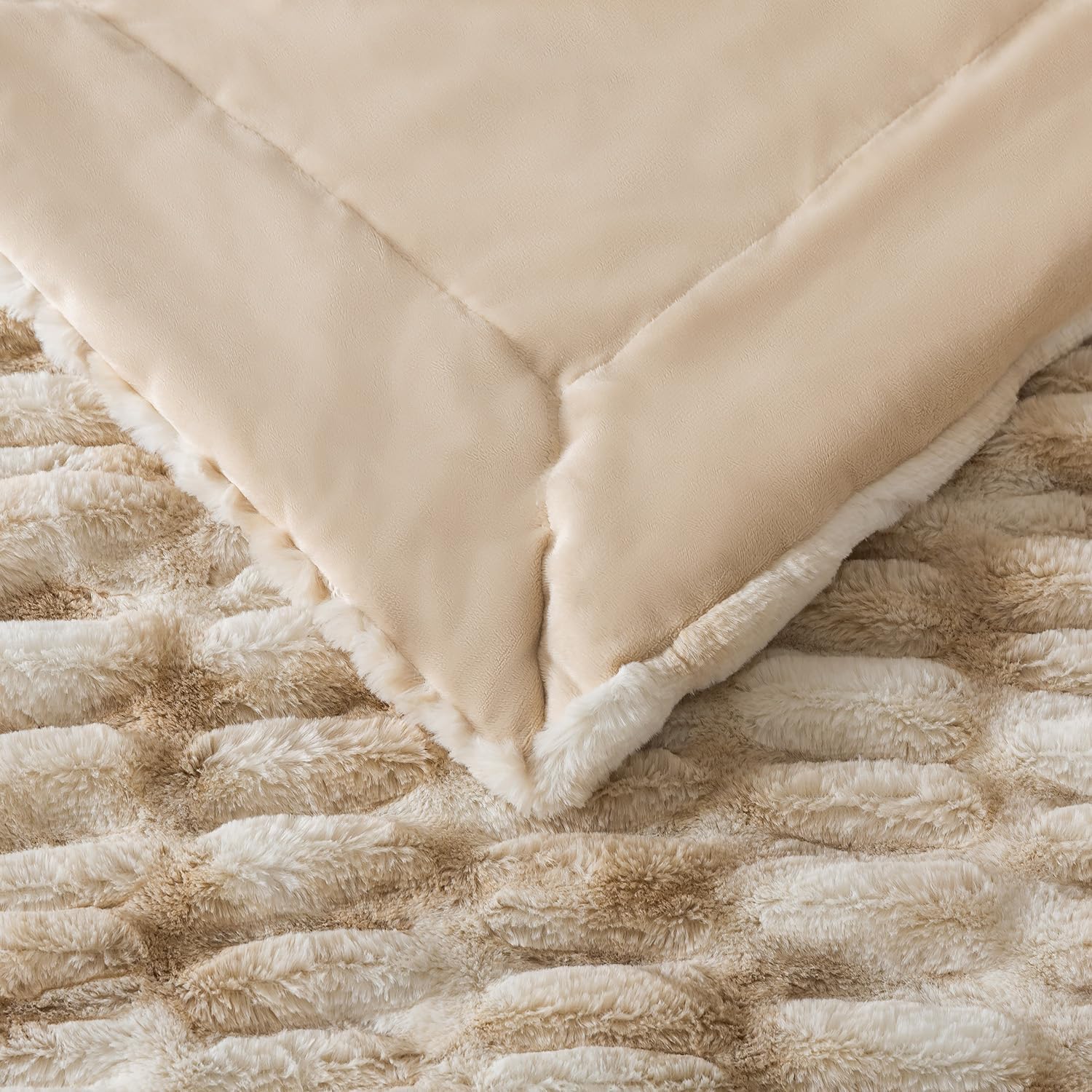 WDCOZY Ruched Faux Fur Throw Blanket Soft Cozy Fluffy Luxurious Blankets Couch Bed Sofa Chair Home Decor Warm Furry Fall Winter Plush Rabbit Fur Bubble Blanket 50" x 60", Caramel Beige Camel Neutral